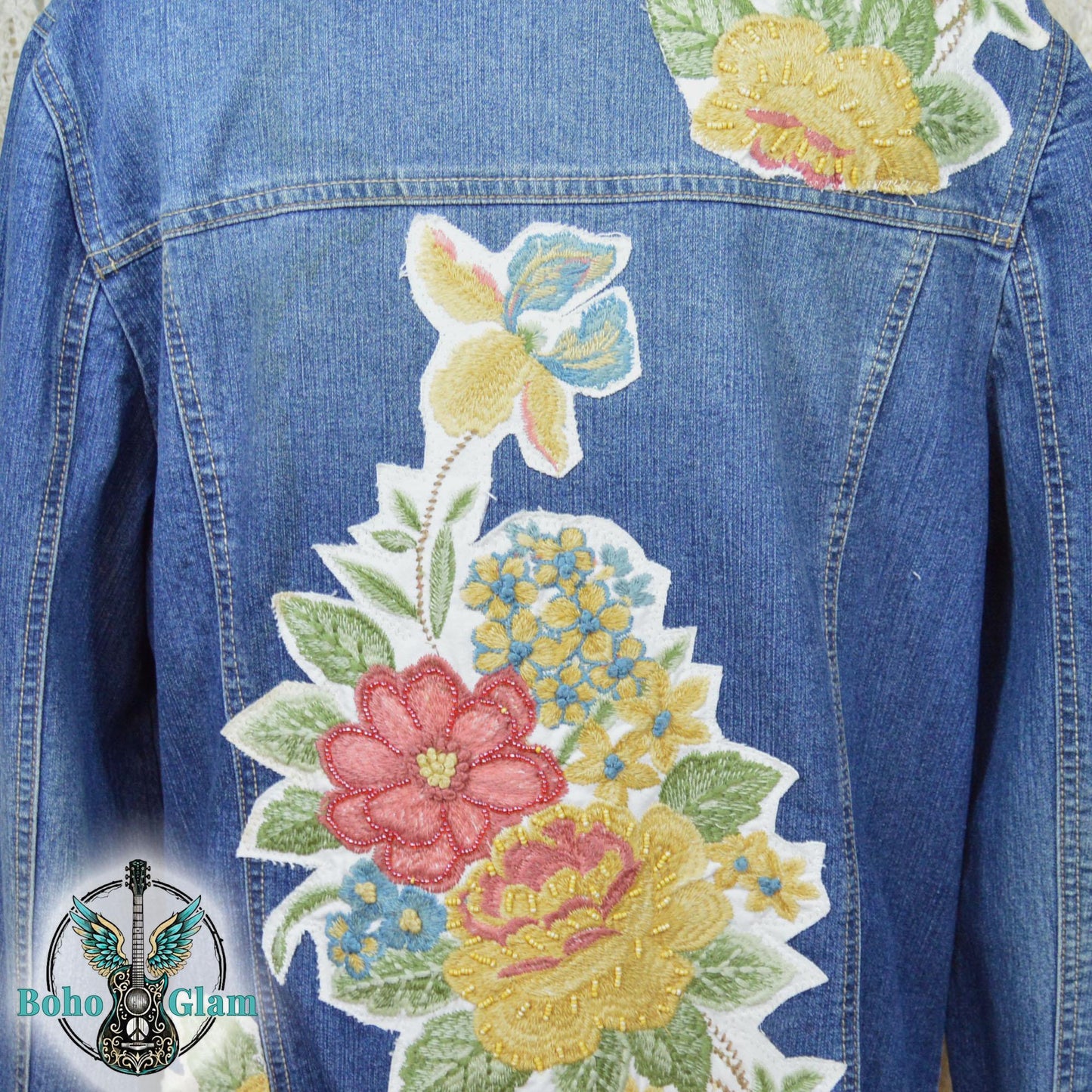 Embroidered Floral Denim Jacket, XL, Upcycled Boho Jean Jacket, Statement Back