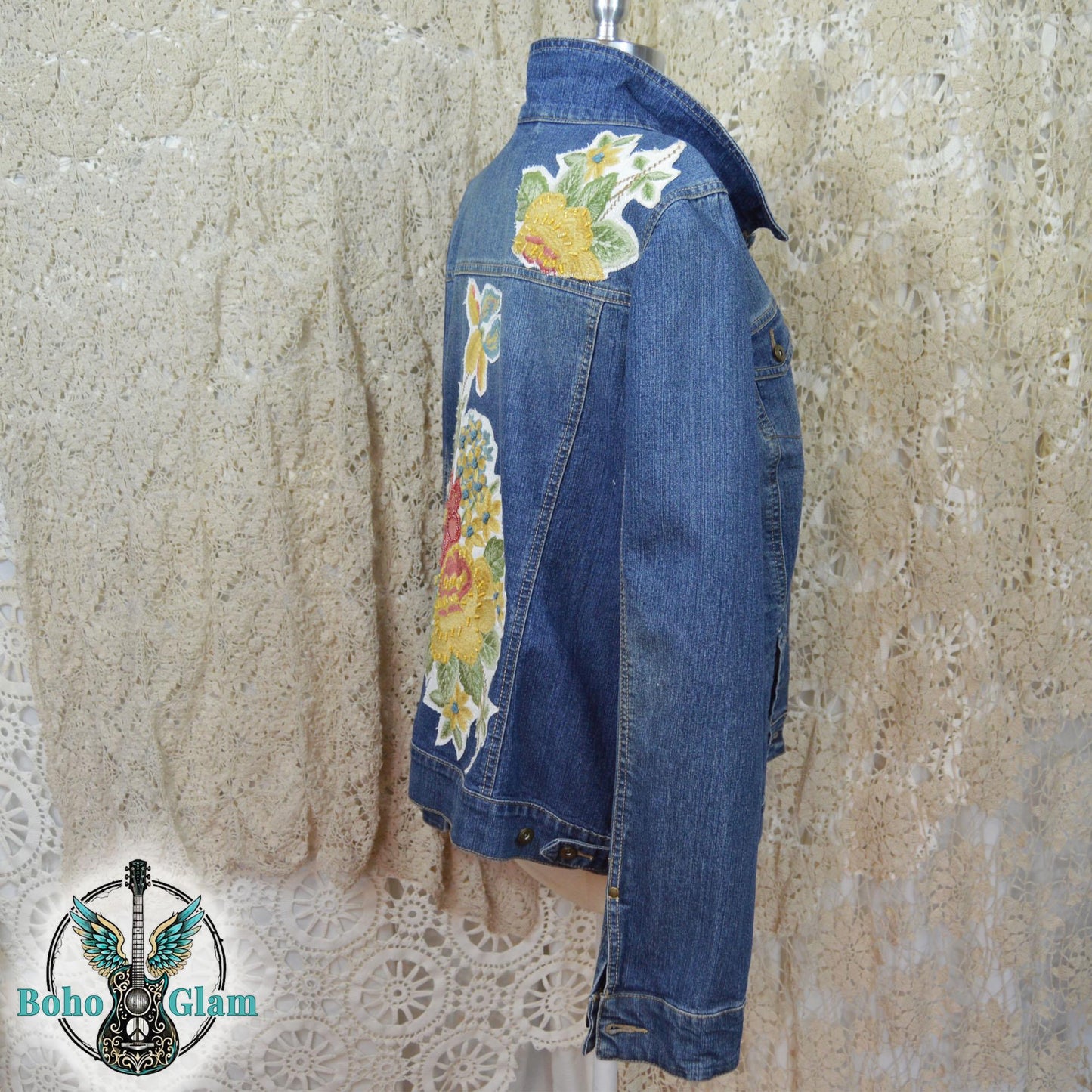 Embroidered Floral Denim Jacket, XL, Upcycled Boho Jean Jacket, Statement Back
