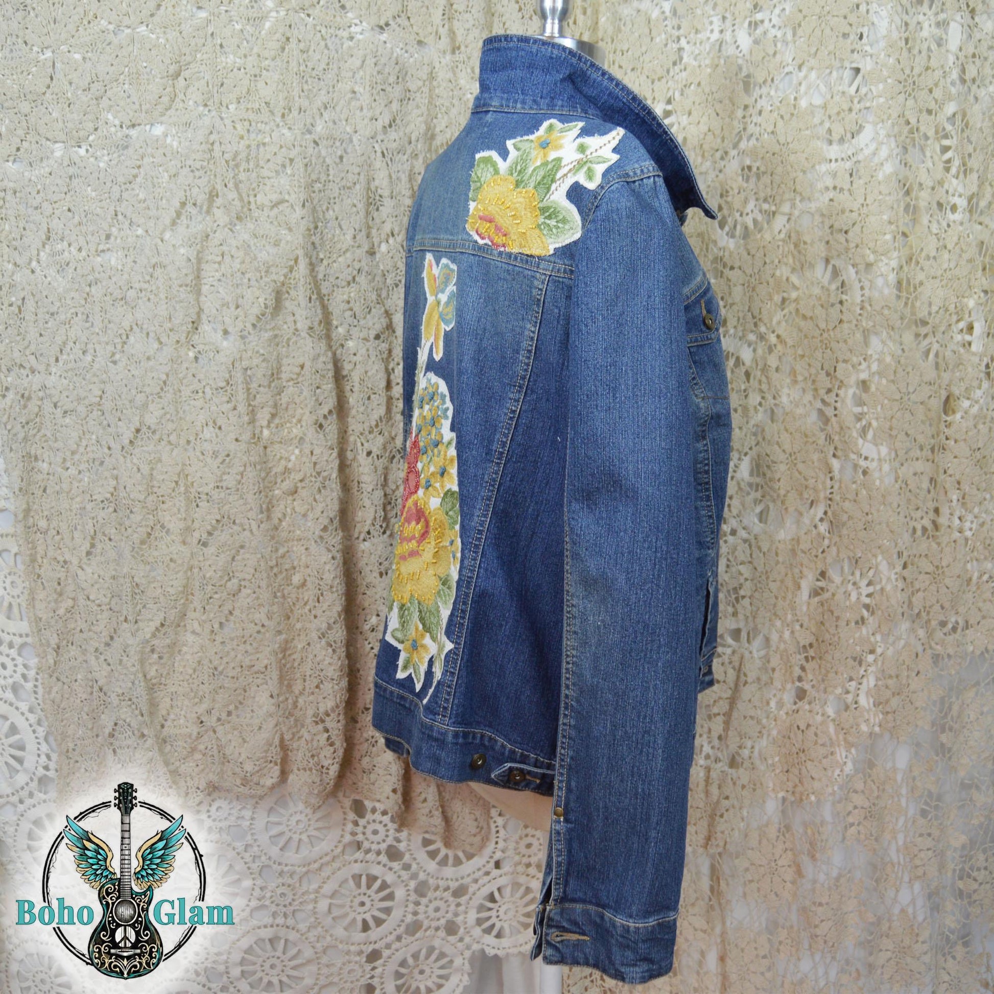 Embroidered Floral Denim Jacket, XL, Upcycled Boho Jean Jacket, Statement Back