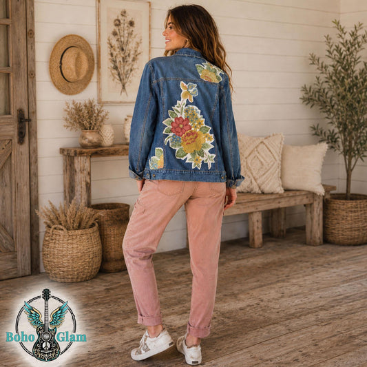 Embroidered Floral Denim Jacket, XL, Upcycled Boho Jean Jacket, Statement Back
