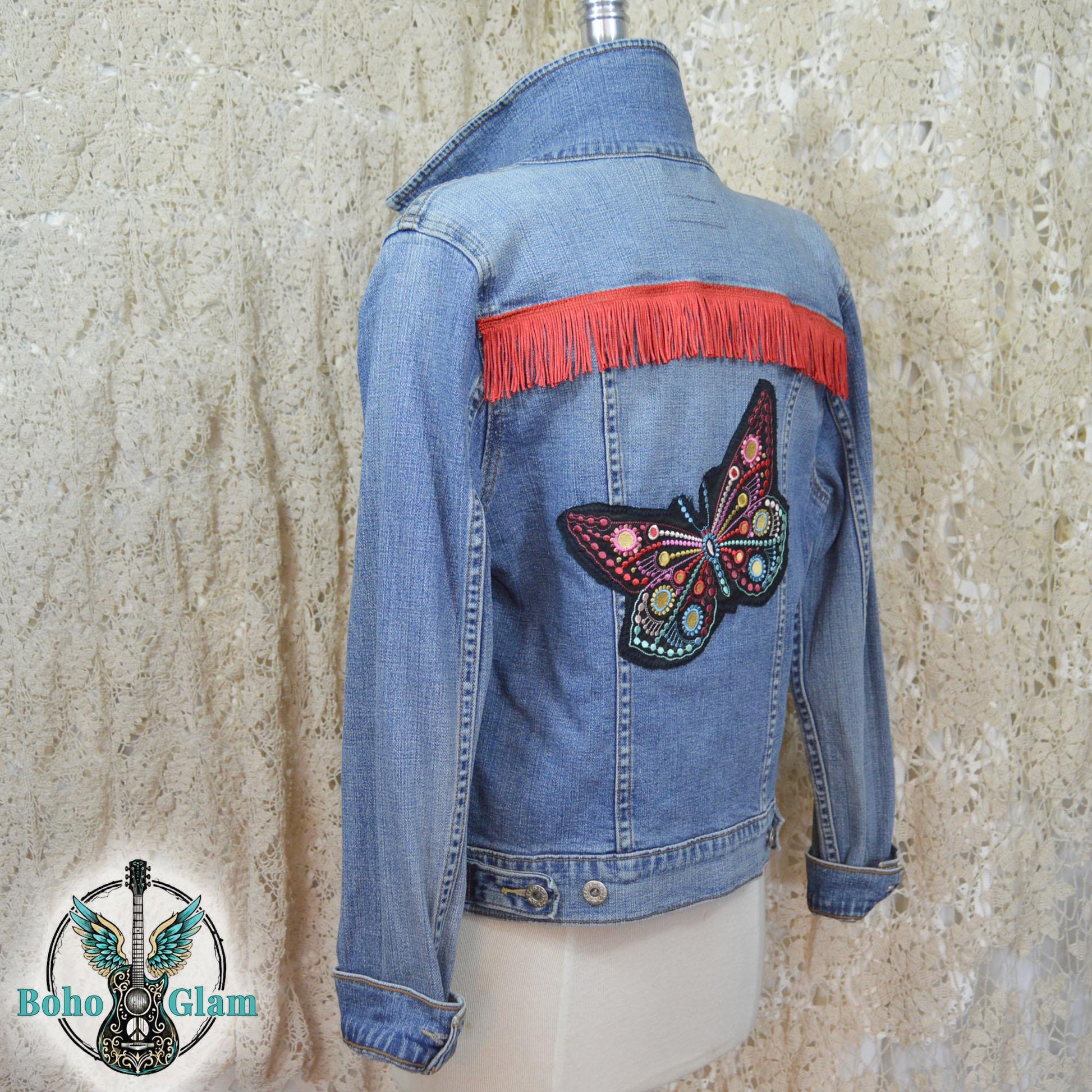 Butterfly Fringe Denim Jacket L, Upcycled Boho Western Jean Jacket