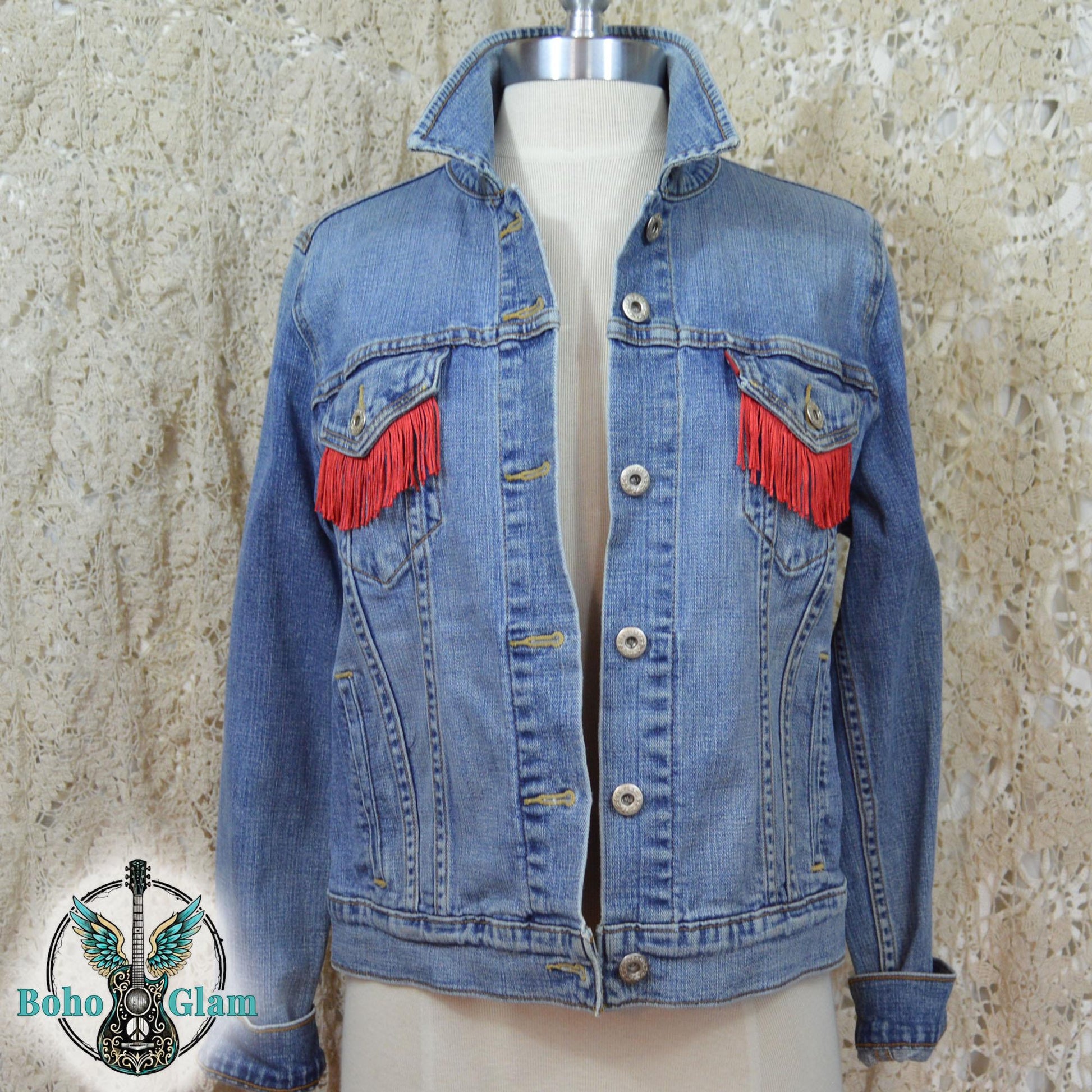 Butterfly Fringe Denim Jacket L, Upcycled Boho Western Jean Jacket