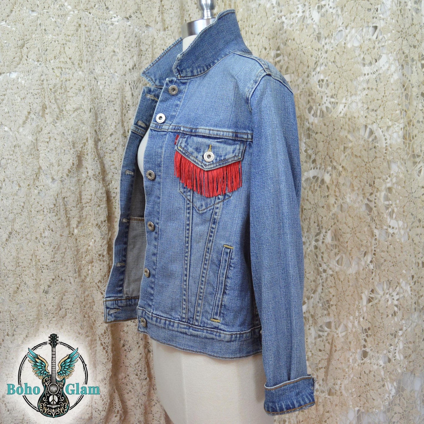 Butterfly Fringe Denim Jacket L, Upcycled Boho Western Jean Jacket