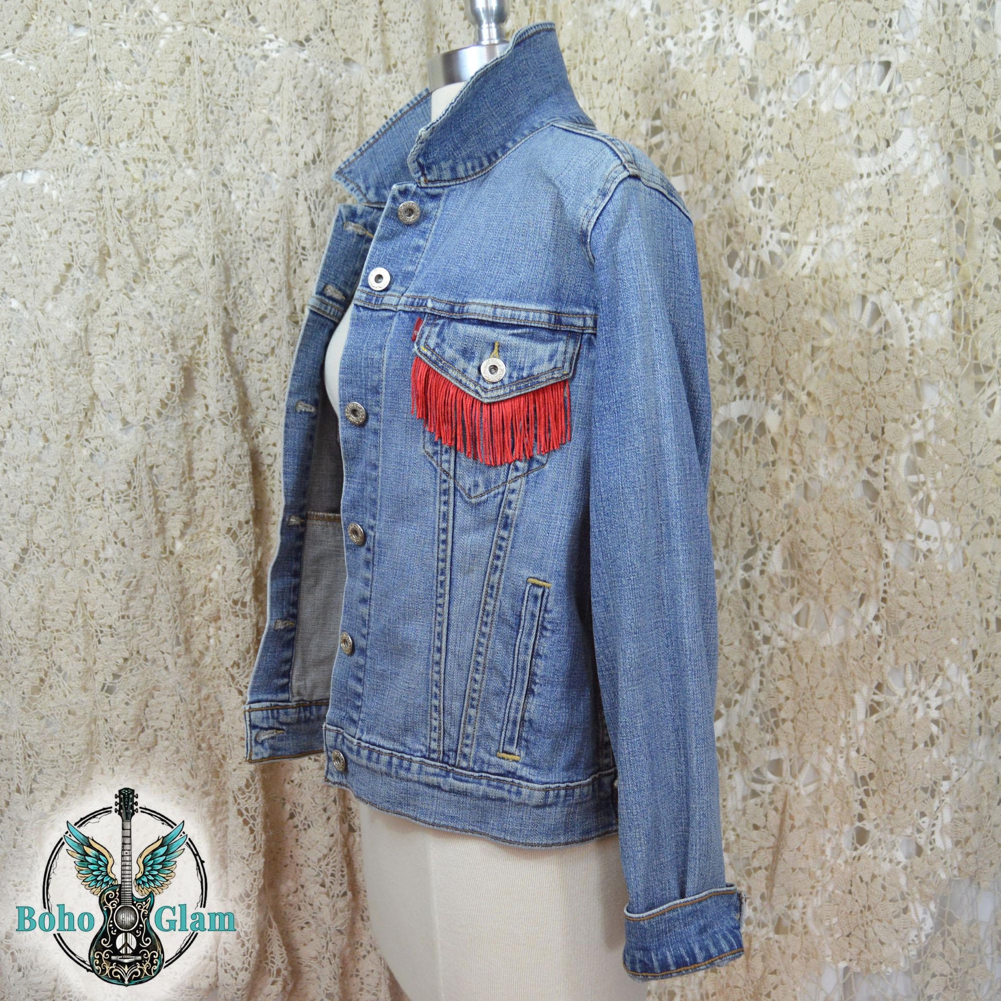 Butterfly Fringe Denim Jacket L, Upcycled Boho Western Jean Jacket