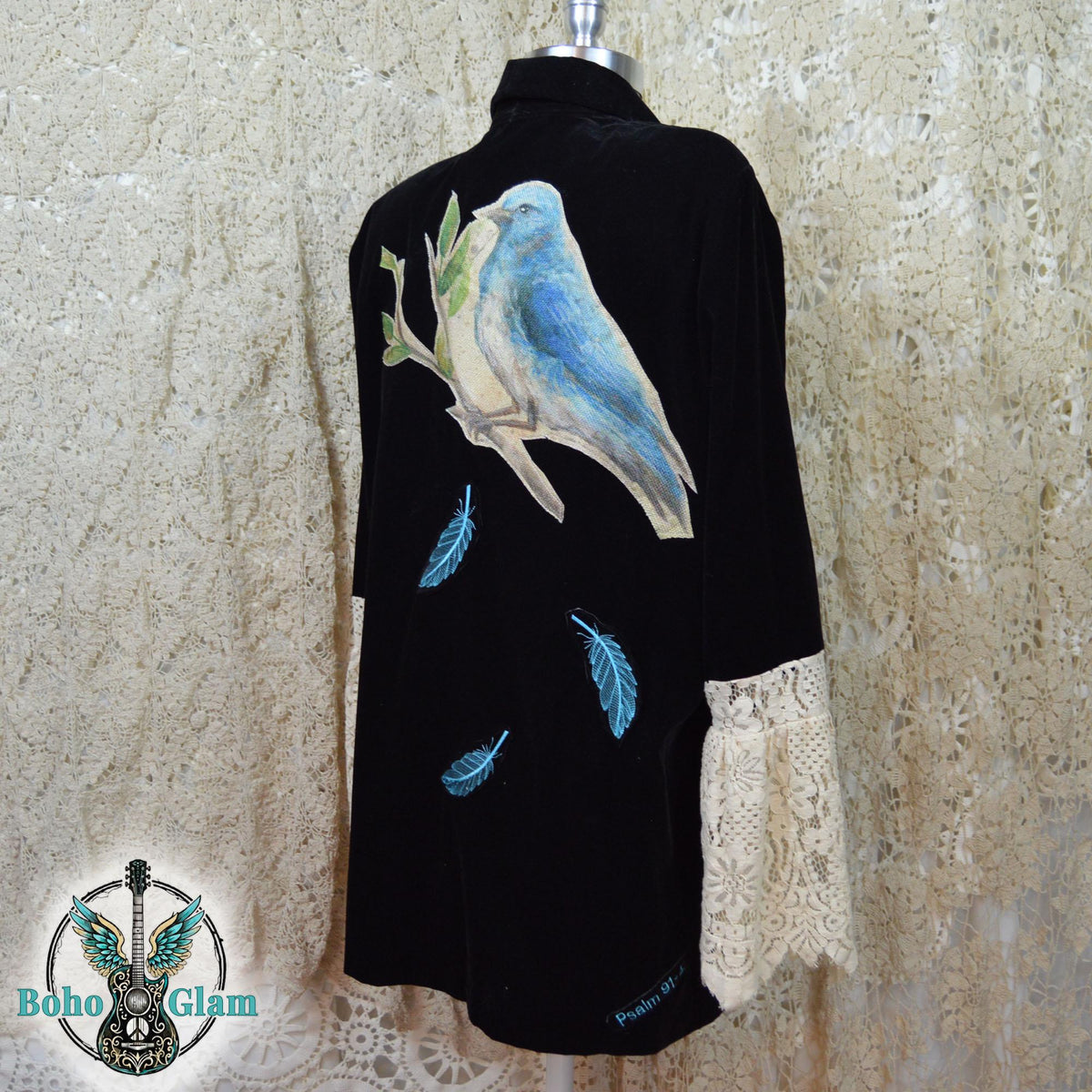 Upcycled Velvet Blazer, Boho Lace Flare Sleeves, Bird Art, Psalm 91:4