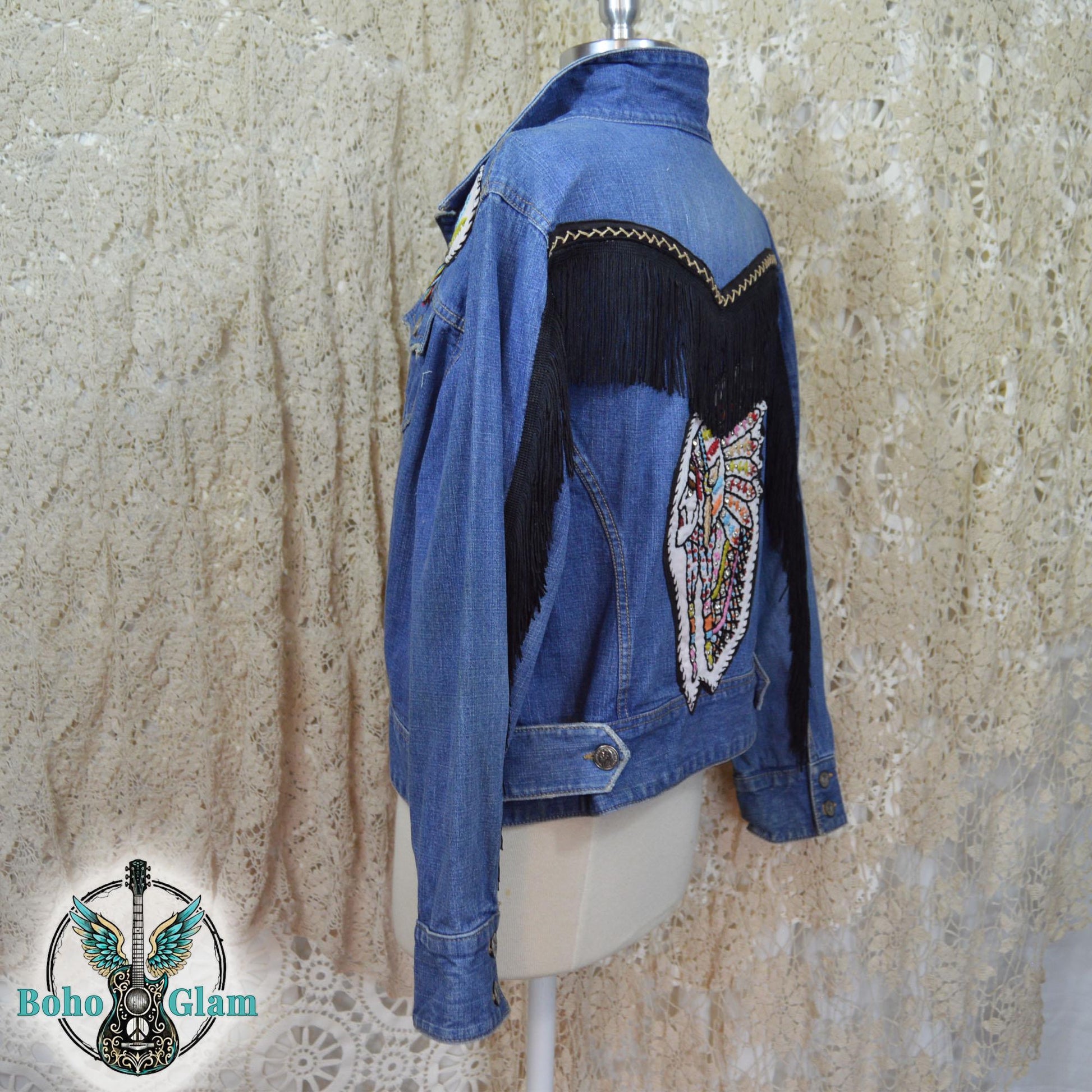 Fringe Headdress Denim Jacket Medium Petite, Upcycled Boho Western Jean Jacket