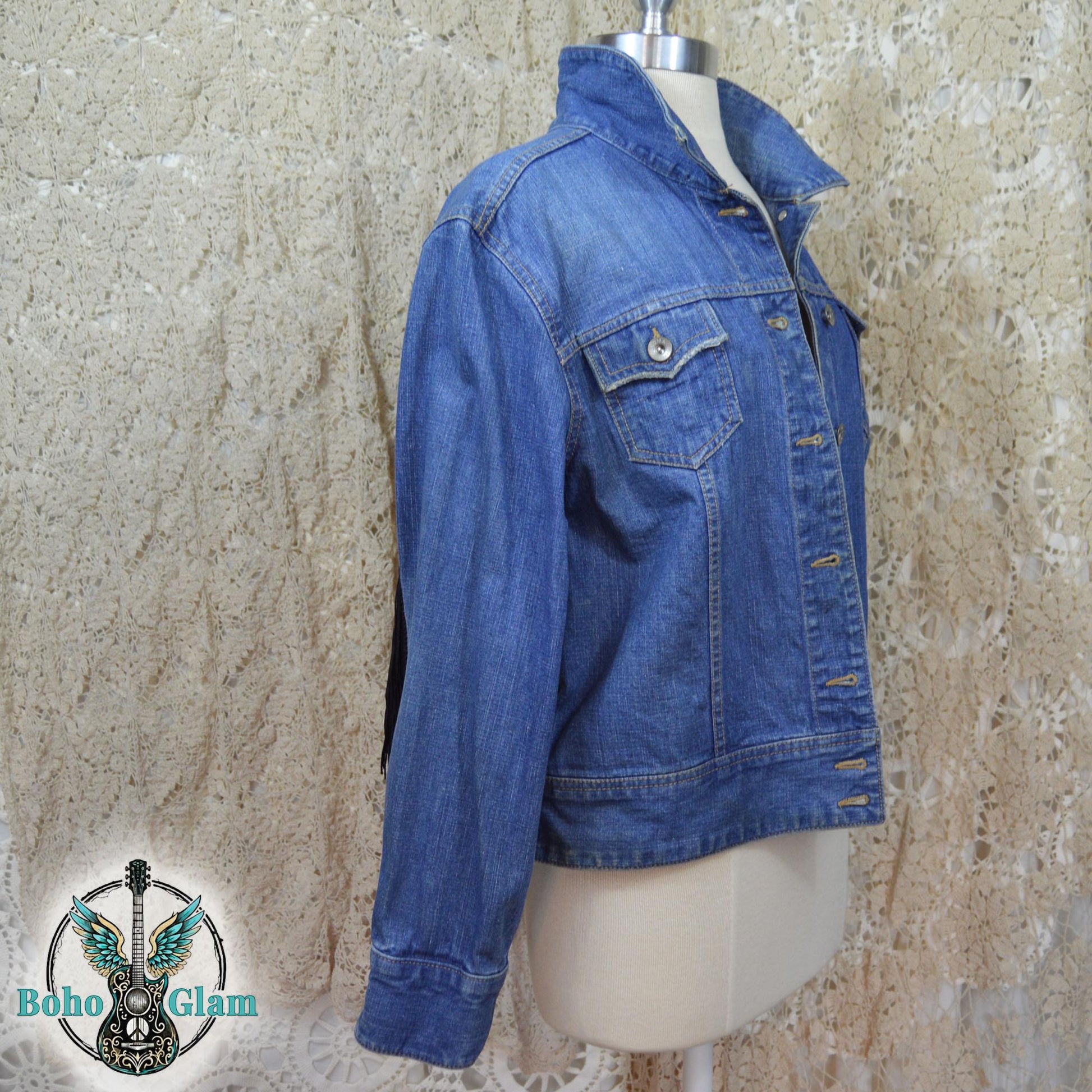 Fringe Headdress Denim Jacket Medium Petite, Upcycled Boho Western Jean Jacket