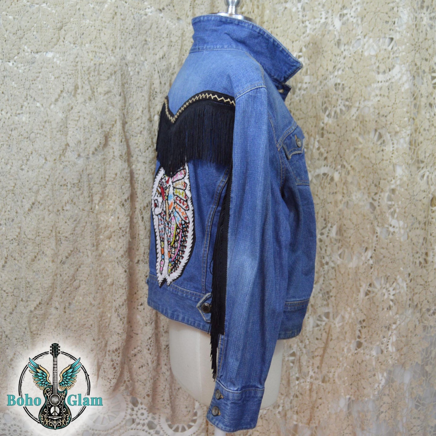 Fringe Headdress Denim Jacket Medium Petite, Upcycled Boho Western Jean Jacket