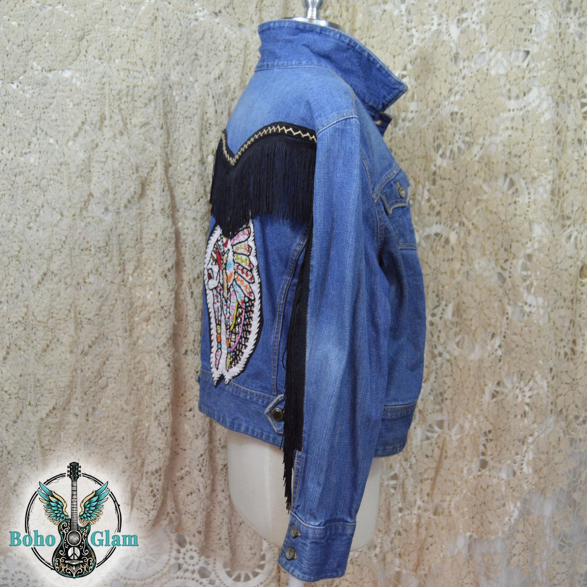 Fringe Headdress Denim Jacket Medium Petite, Upcycled Boho Western Jean Jacket