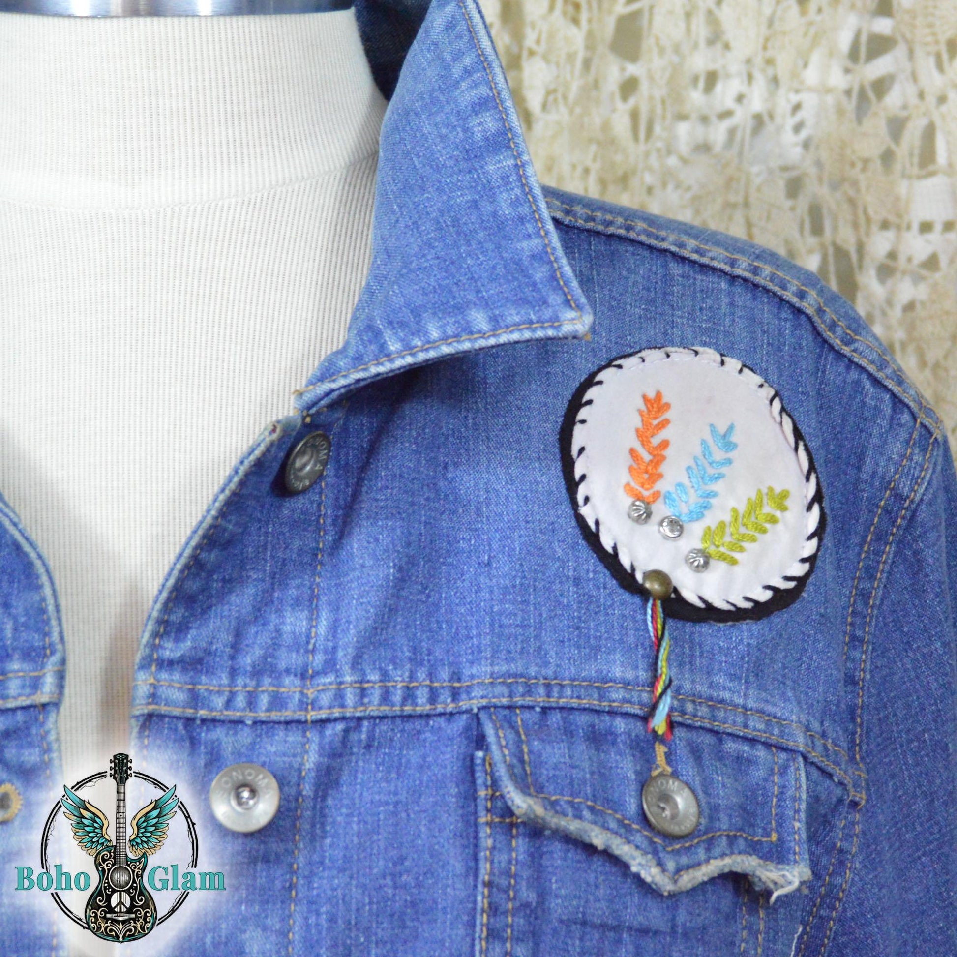 Fringe Headdress Denim Jacket Medium Petite, Upcycled Boho Western Jean Jacket