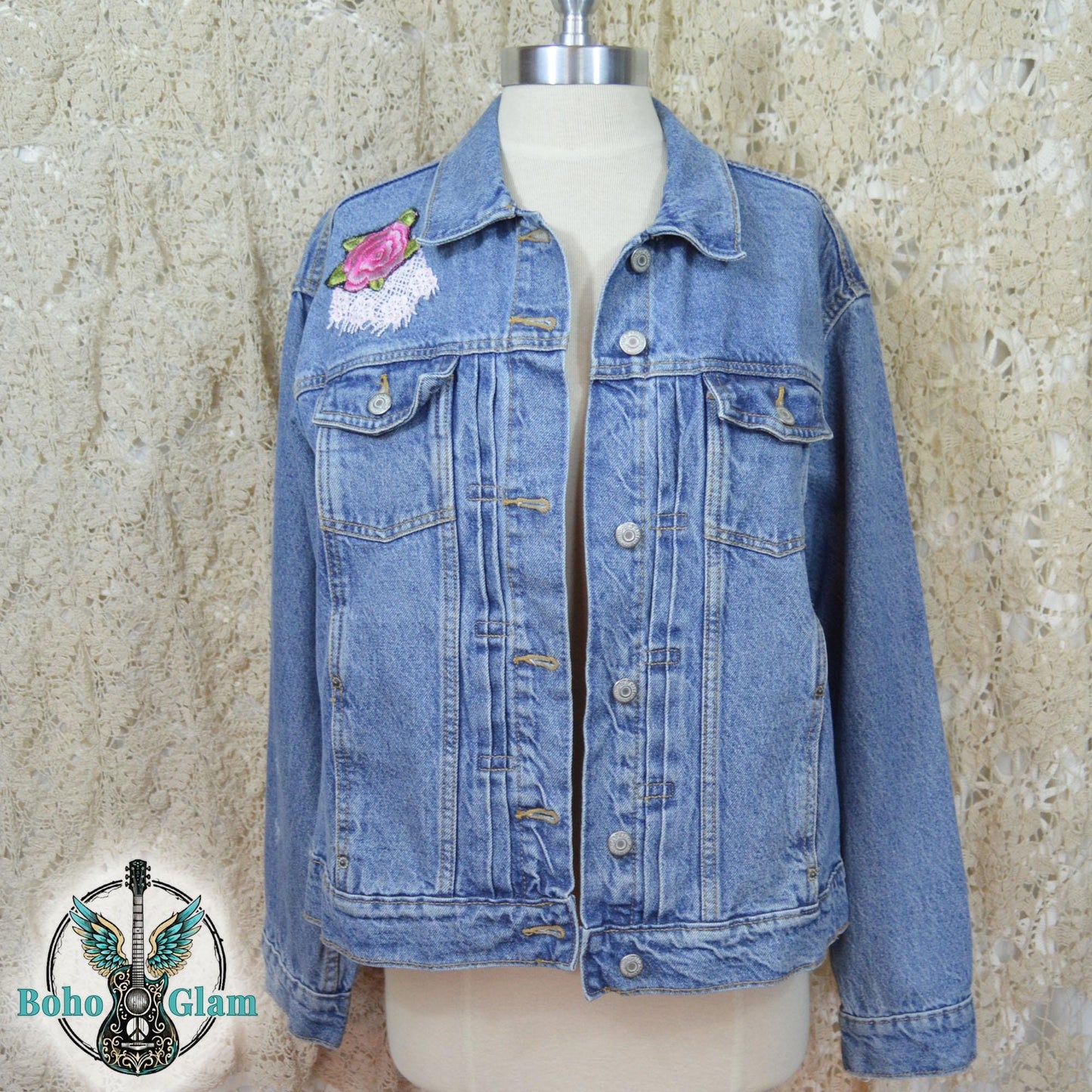 Lace Back Rose Denim Jacket, Upcycled Jean Jacket Large, Boho Cowgirl Layer