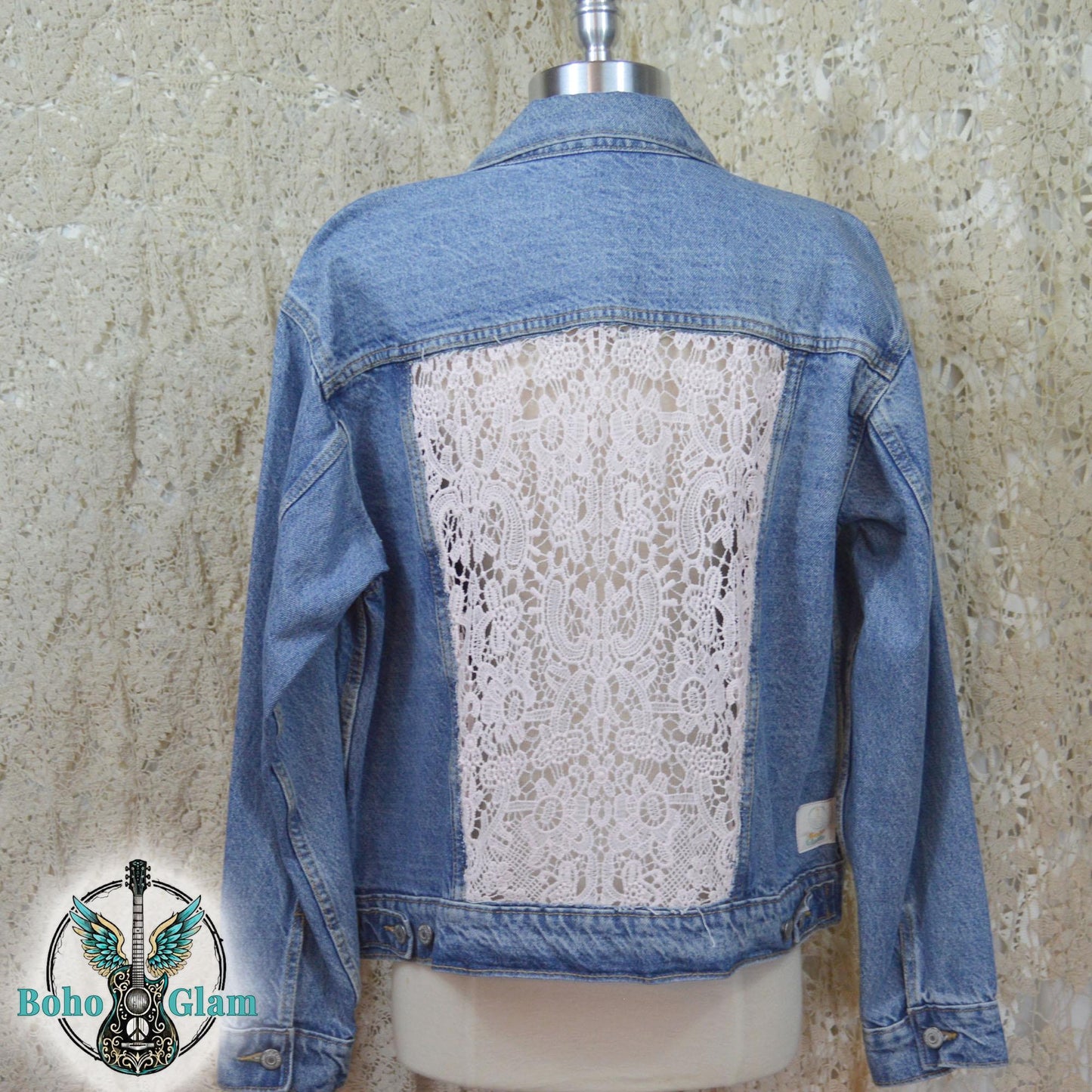 Lace Back Rose Denim Jacket, Upcycled Jean Jacket Large, Boho Cowgirl Layer
