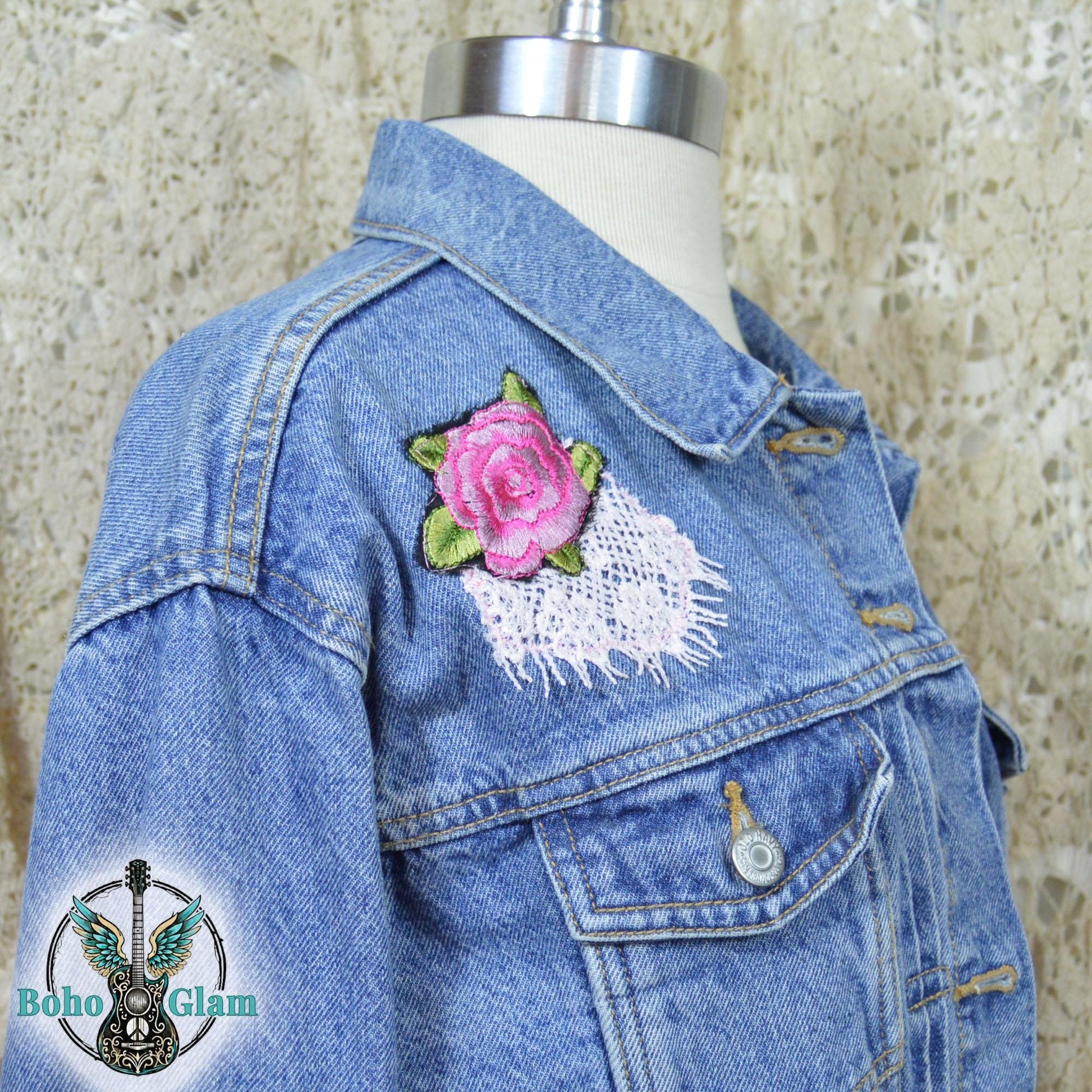 Lace Back Rose Denim Jacket, Upcycled Jean Jacket Large, Boho Cowgirl Layer