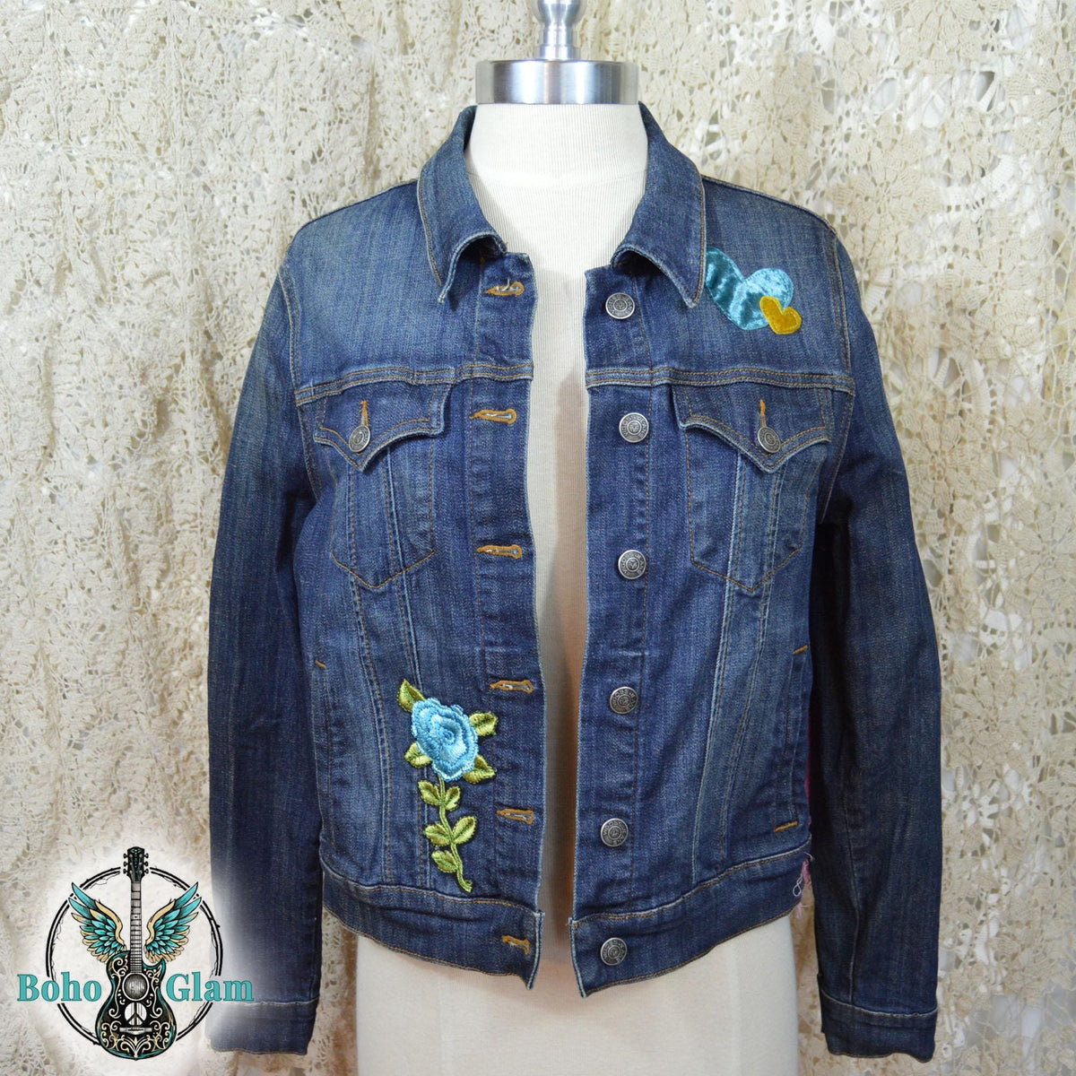 Upcycled Love Jesus Denim Jacket Medium, Sacred Heart Fringe Boho