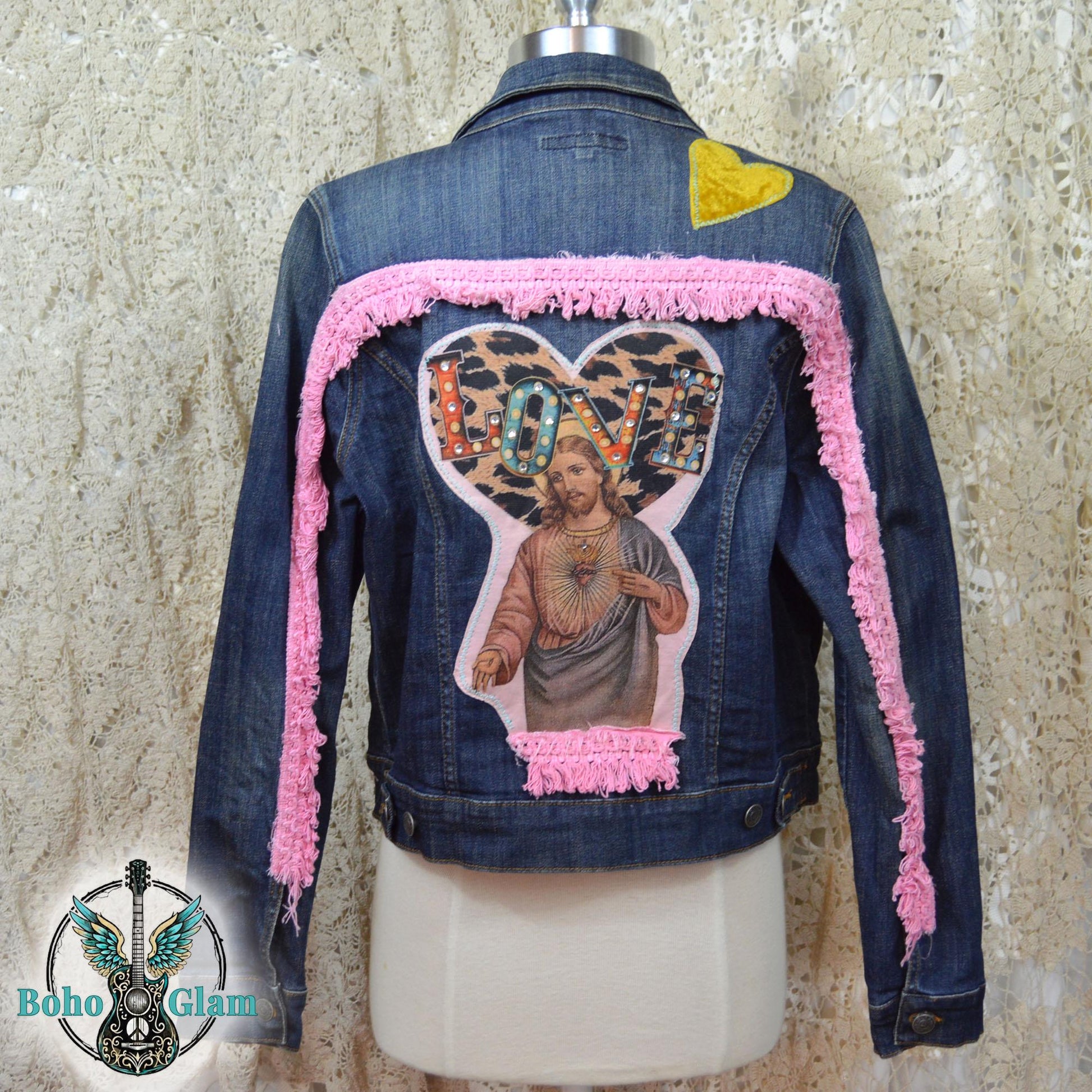 Upcycled Love Jesus Denim Jacket Medium, Sacred Heart Fringe Boho