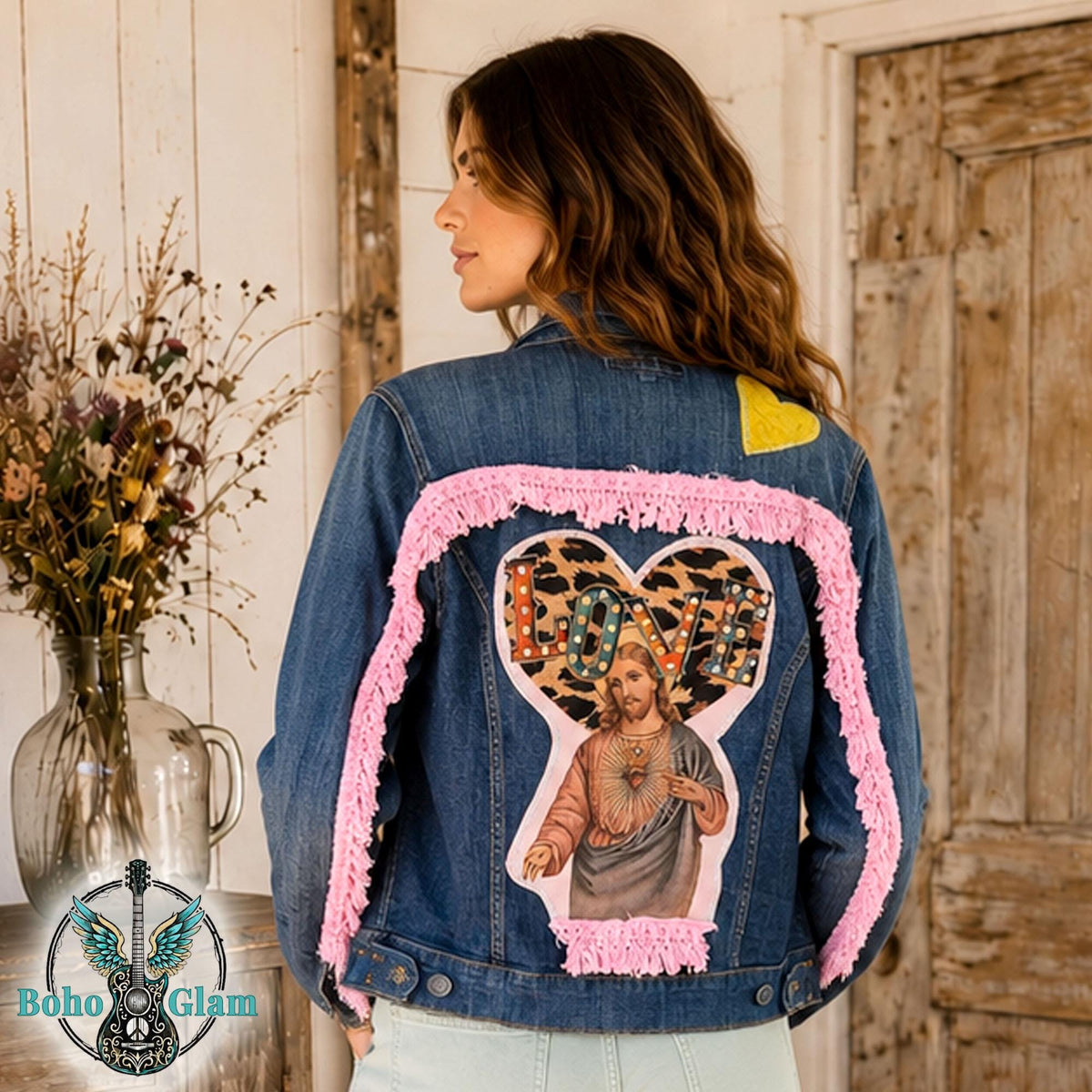 Upcycled Love Jesus Denim Jacket Medium, Sacred Heart Fringe Boho