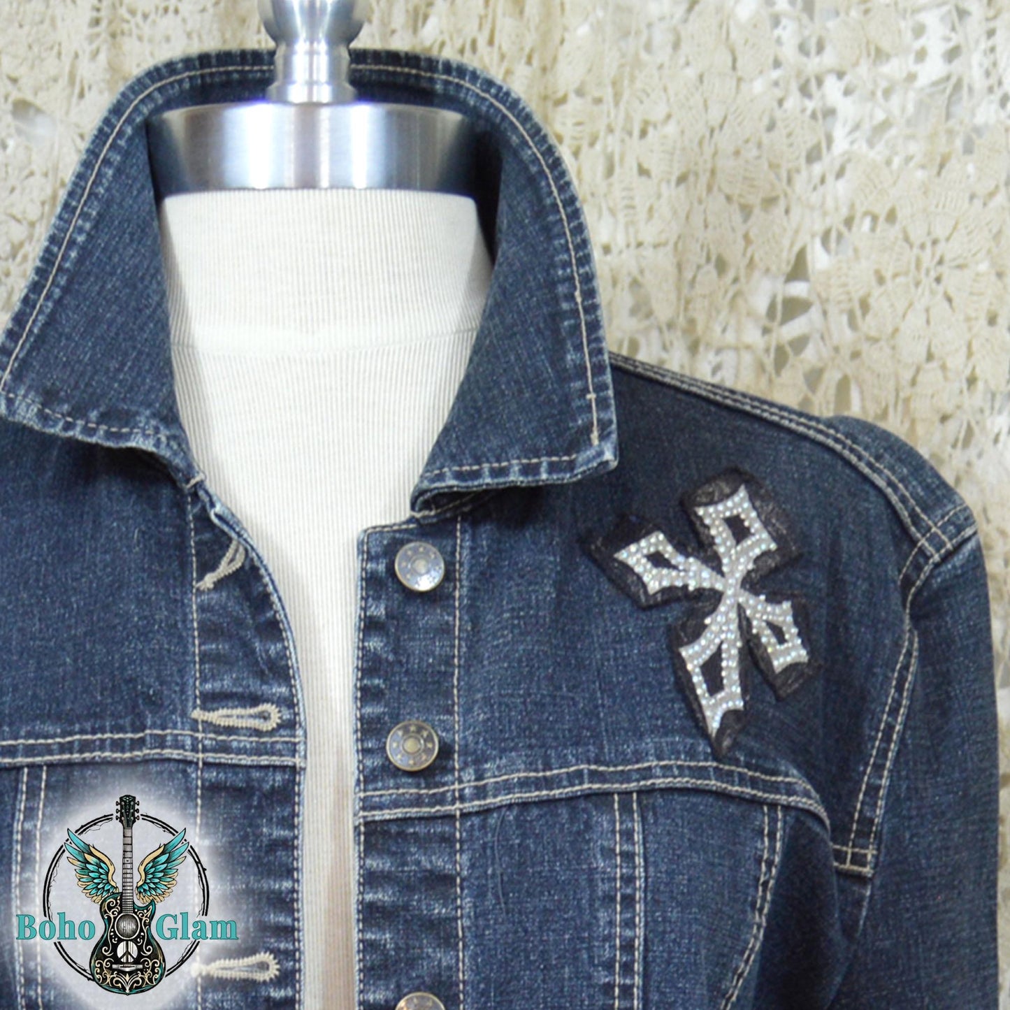 Upcycled Cross Denim Jacket Medium – Patchwork Velvet Cross, Boho Western