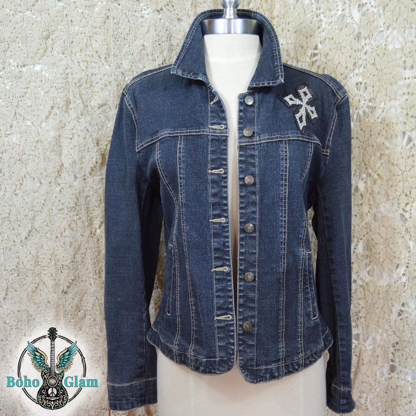 Upcycled Cross Denim Jacket Medium – Patchwork Velvet Cross, Boho Western