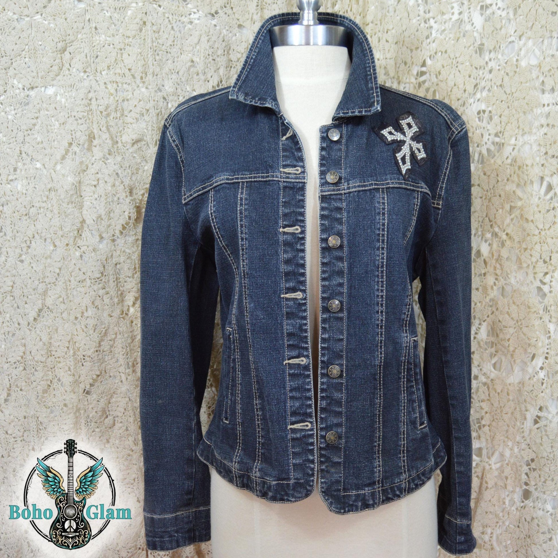 Upcycled Cross Denim Jacket Medium – Patchwork Velvet Cross, Boho Western