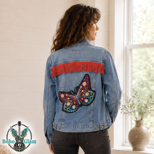 Butterfly Fringe Denim Jacket L, Upcycled Boho Western Jean Jacket