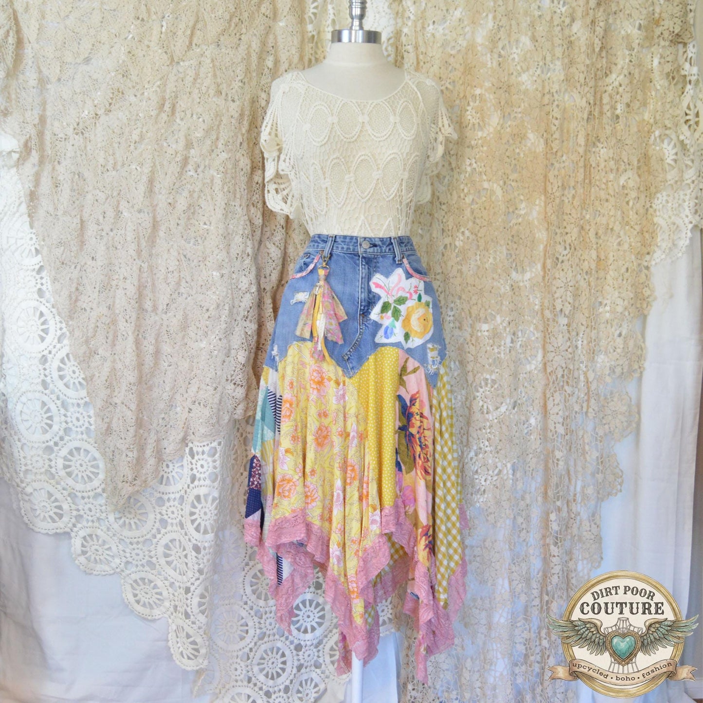 Yellow Scrappy Patchwork Skirt, Yellow and Pink, One-of-a-Kind Boho Hi Low Maxi Skirt, Custom Made to Order, Size Inclusive 4 to Plus