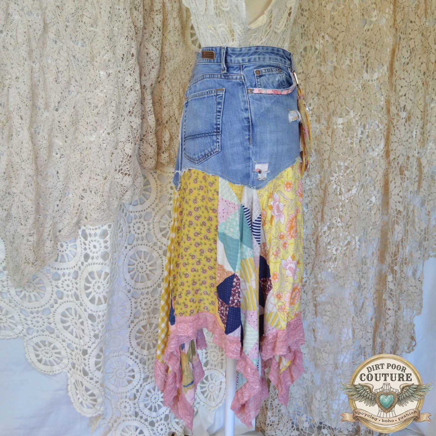 Yellow Scrappy Patchwork Skirt, Yellow and Pink, One-of-a-Kind Boho Hi Low Maxi Skirt, Custom Made to Order, Size Inclusive 4 to Plus