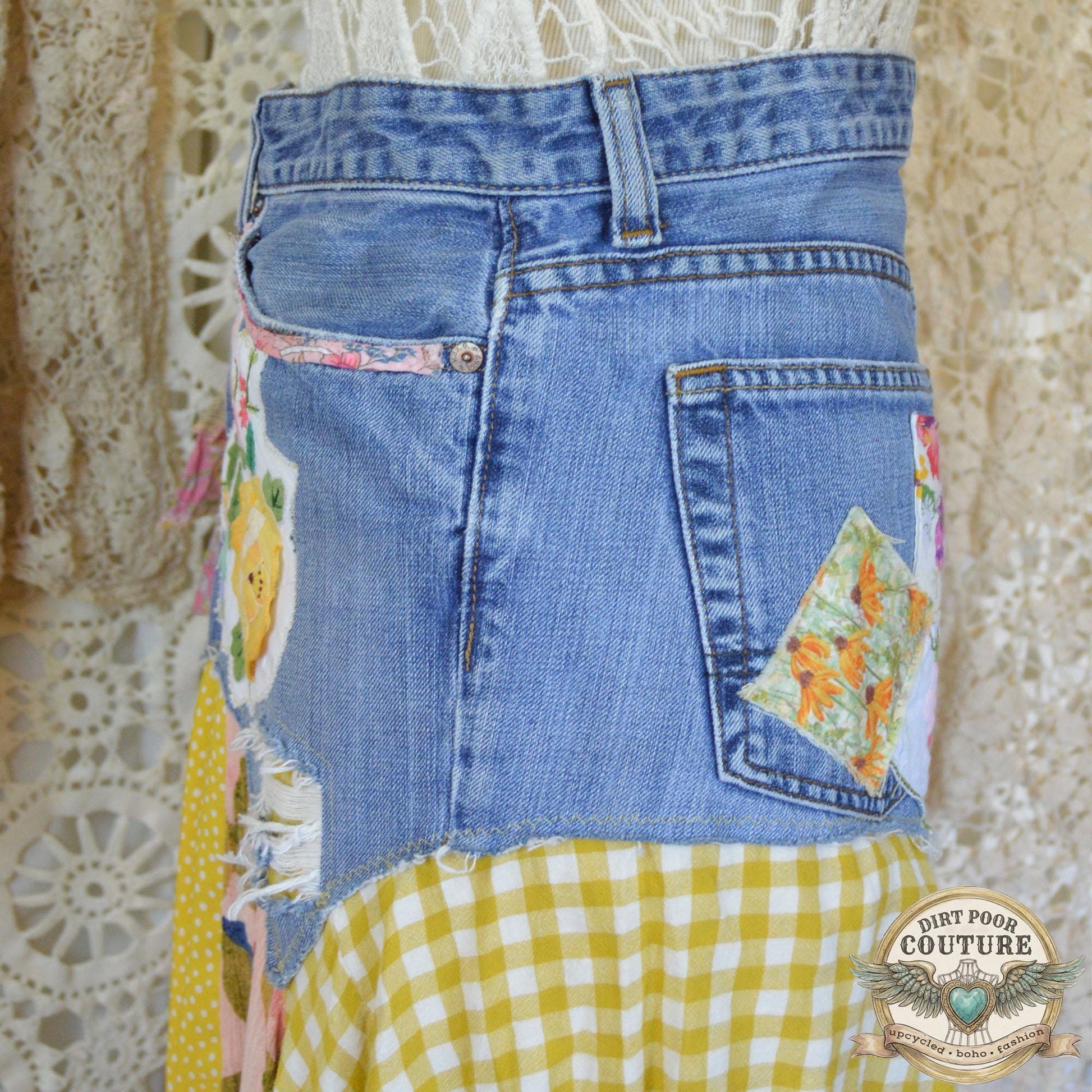 Yellow Scrappy Patchwork Skirt, Yellow and Pink, One-of-a-Kind Boho Hi Low Maxi Skirt, Custom Made to Order, Size Inclusive 4 to Plus