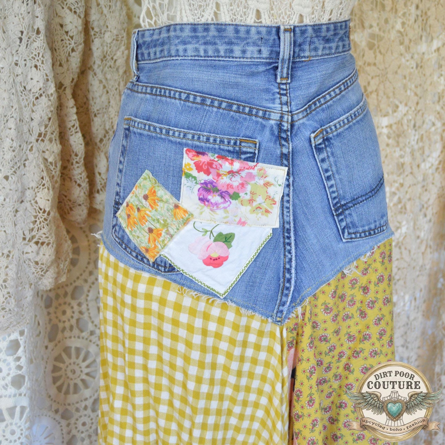 Yellow Scrappy Patchwork Skirt, Yellow and Pink, One-of-a-Kind Boho Hi Low Maxi Skirt, Custom Made to Order, Size Inclusive 4 to Plus