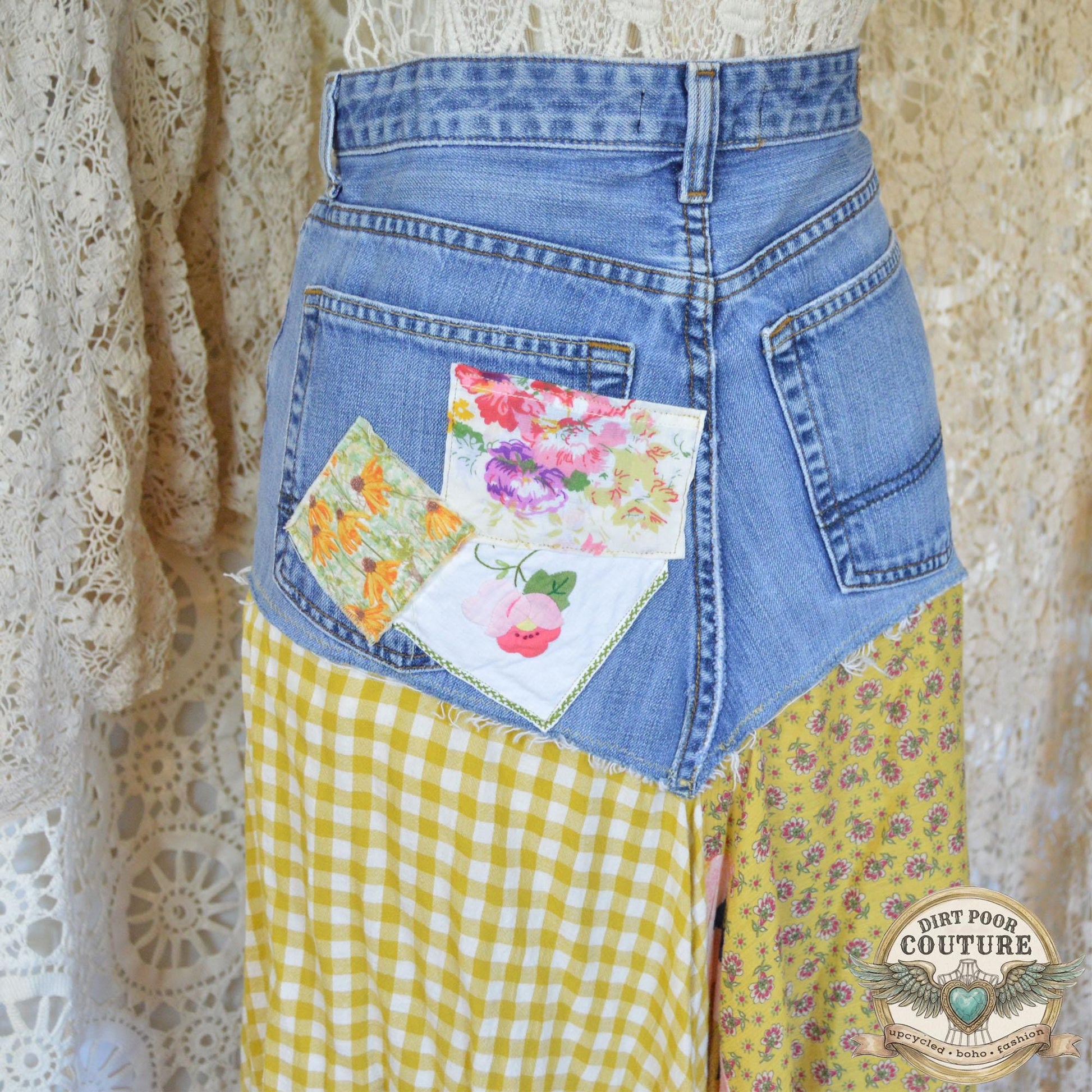 Yellow Scrappy Patchwork Skirt, Yellow and Pink, One-of-a-Kind Boho Hi Low Maxi Skirt, Custom Made to Order, Size Inclusive 4 to Plus