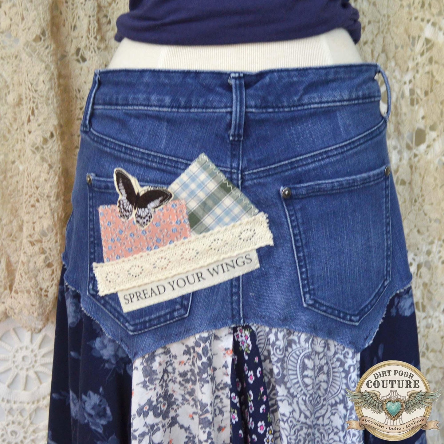 Blue Scrappy Patchwork Skirt, Shades of Blues, One-of-a-Kind Boho Hi Low Maxi Skirt, Custom Made to Order