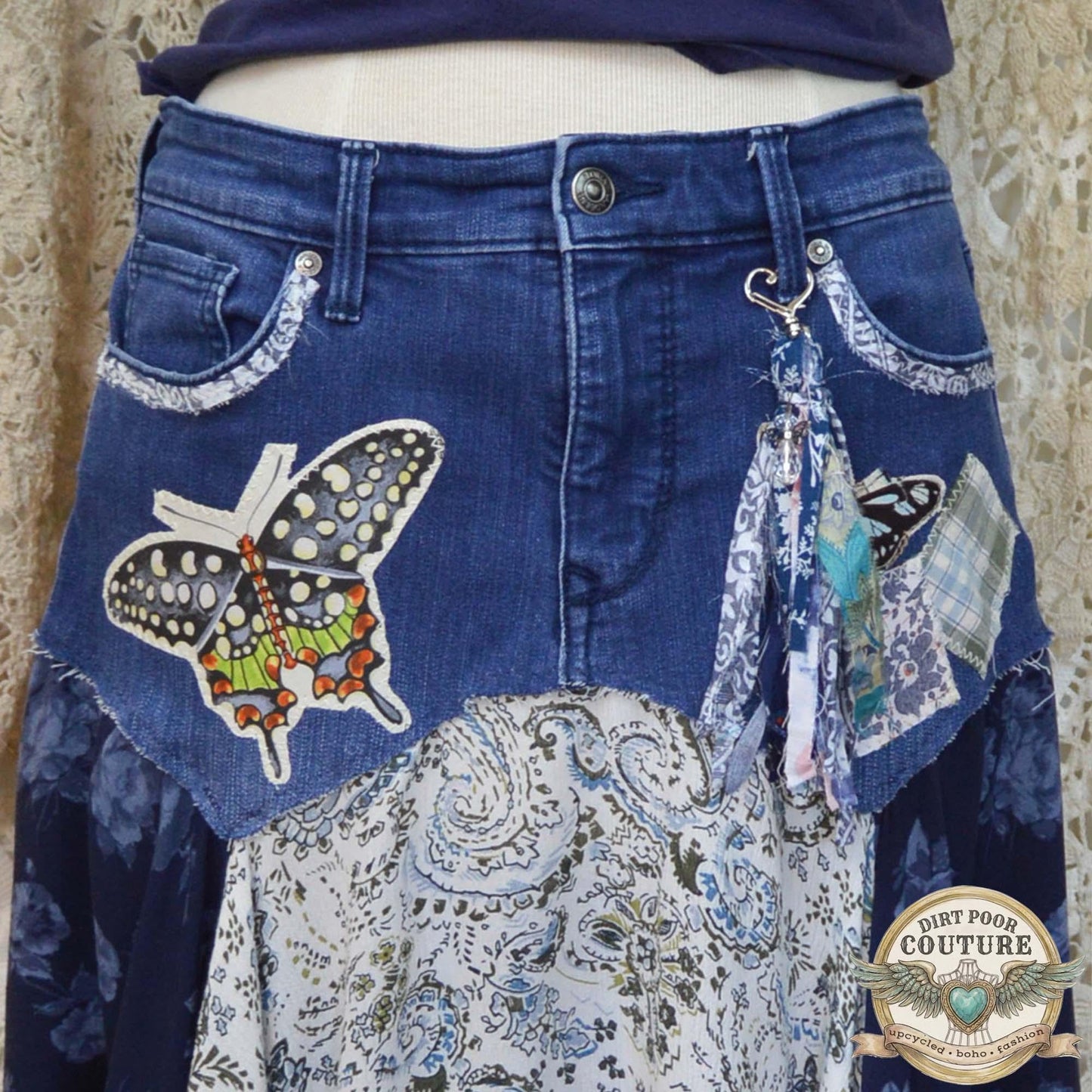 Blue Scrappy Patchwork Skirt, Shades of Blues, One-of-a-Kind Boho Hi Low Maxi Skirt, Custom Made to Order