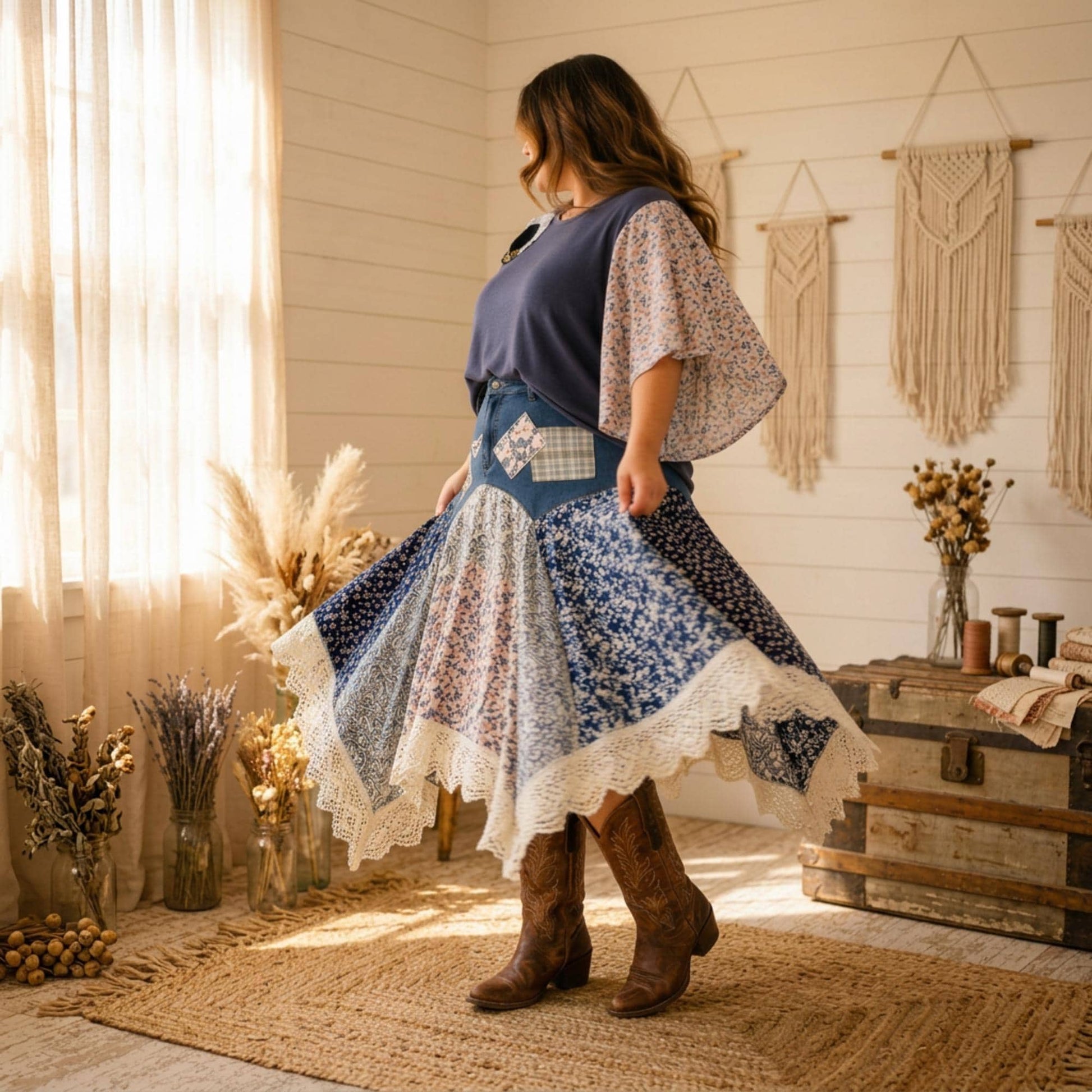 Blue Scrappy Patchwork Skirt, Shades of Blues, One-of-a-Kind Boho Hi Low Maxi Skirt, Custom Made to Order