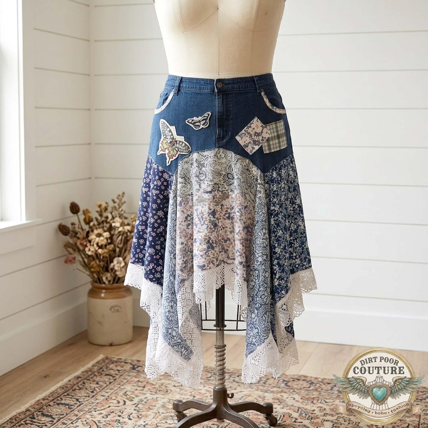 Blue Scrappy Patchwork Skirt, Shades of Blues, One-of-a-Kind Boho Hi Low Maxi Skirt, Custom Made to Order