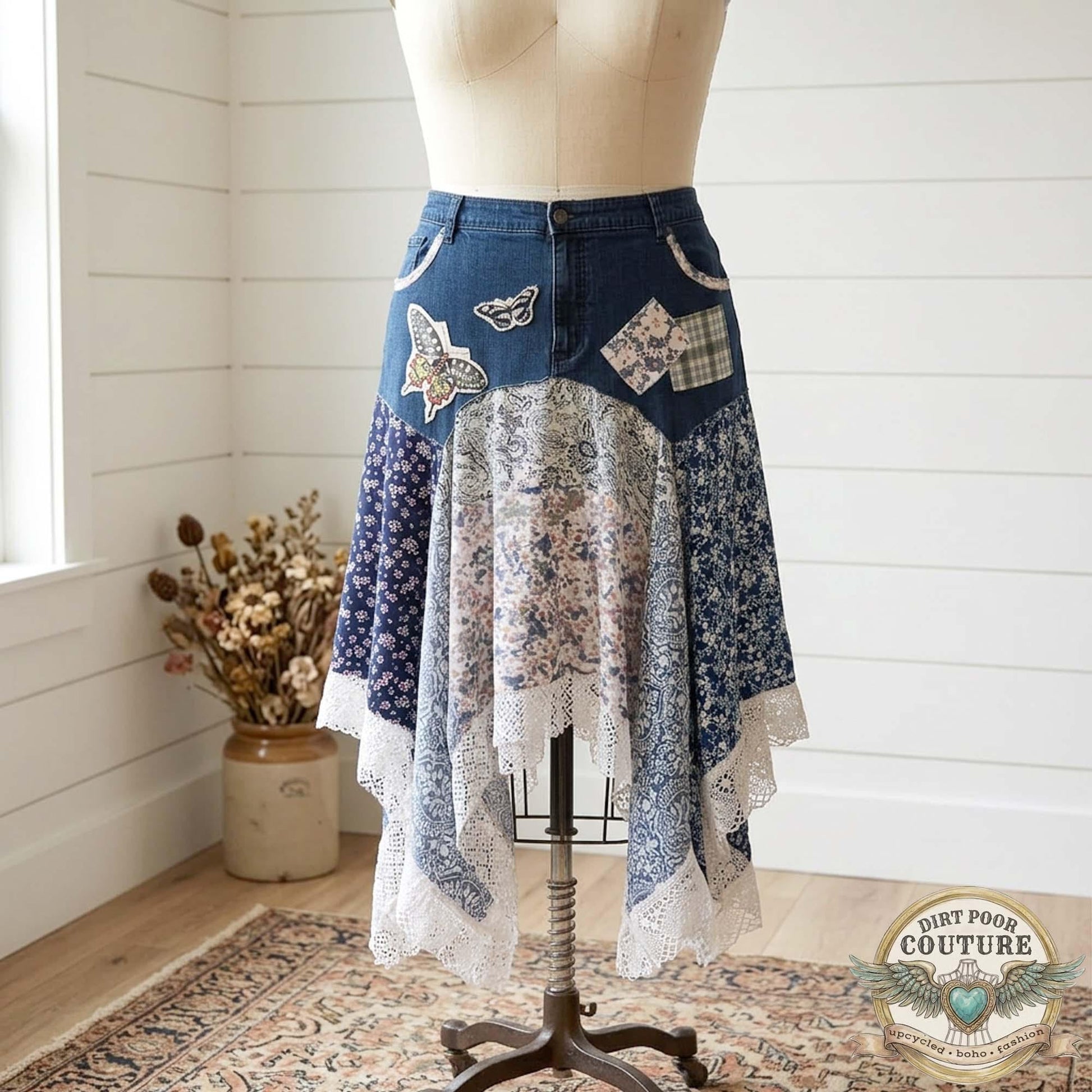 Blue Scrappy Patchwork Skirt, Shades of Blues, One-of-a-Kind Boho Hi Low Maxi Skirt, Custom Made to Order