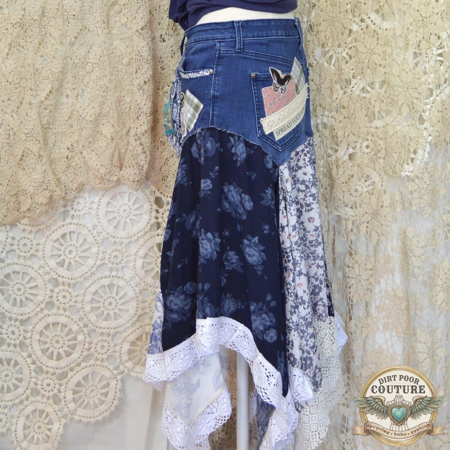 Blue Scrappy Patchwork Skirt, Shades of Blues, One-of-a-Kind Boho Hi Low Maxi Skirt, Custom Made to Order