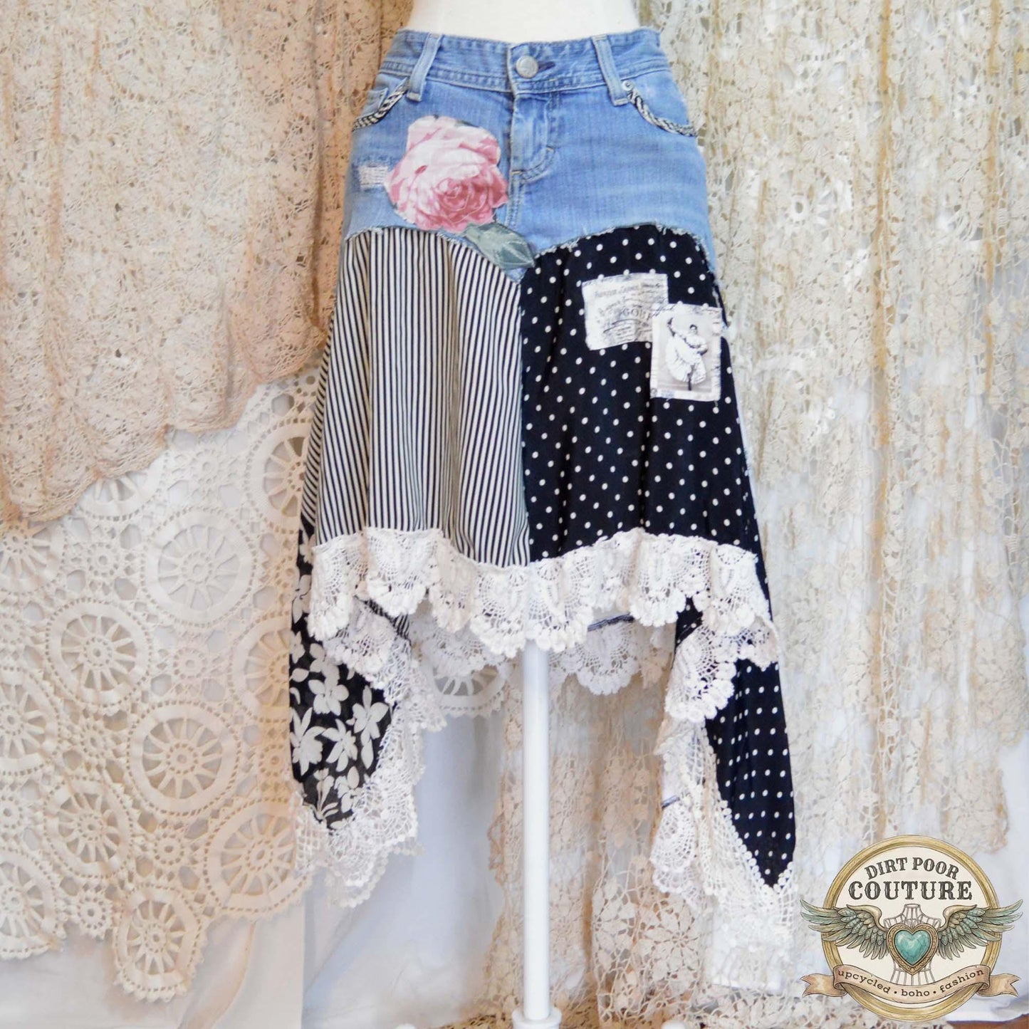 Black and White Scrappy Patchwork Skirt, Rose Applique, One-of-a-Kind, Boho, Hi Low Skirt, Made to Order Size 4 to Plus