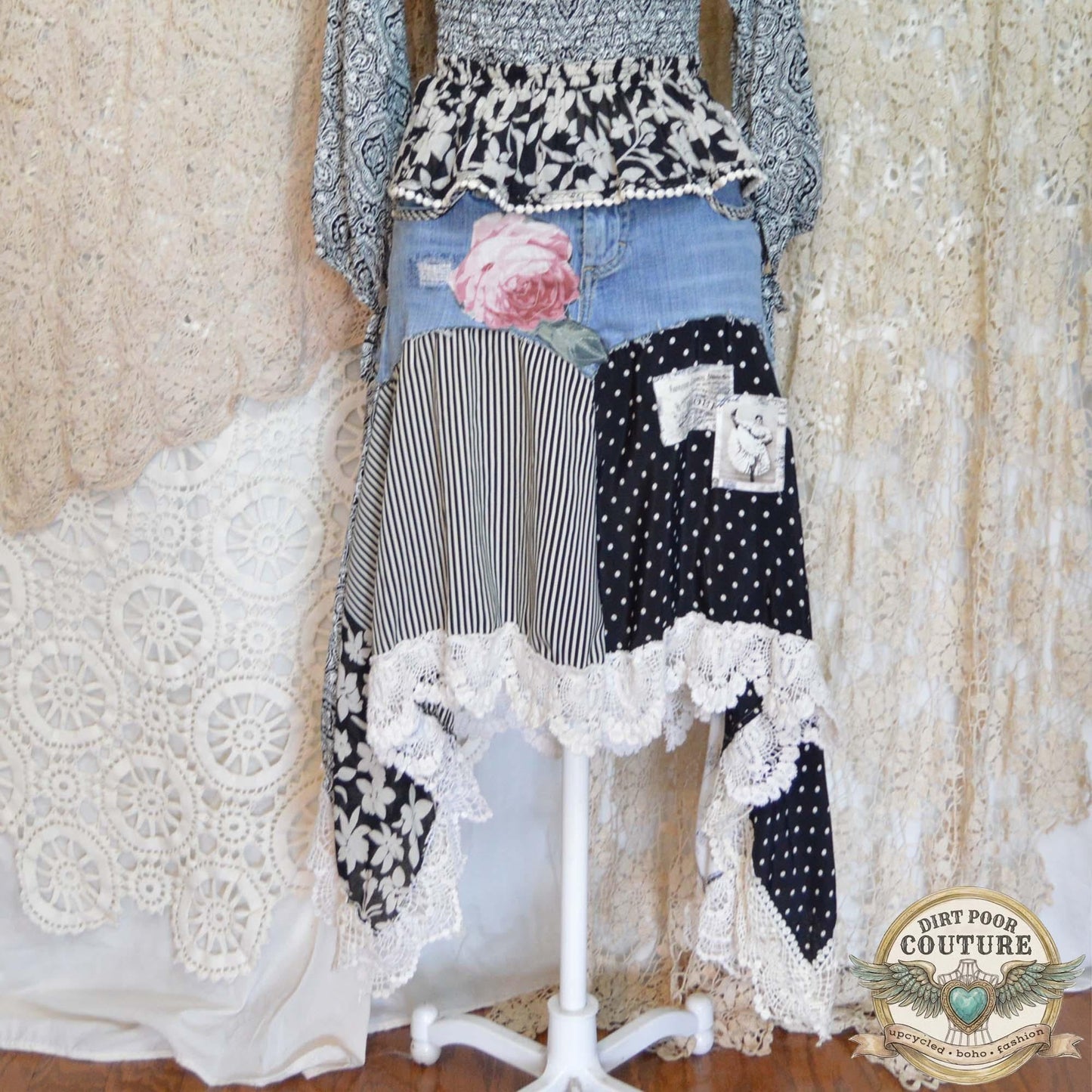 Black and White Scrappy Patchwork Skirt, Rose Applique, One-of-a-Kind, Boho, Hi Low Skirt, Made to Order Size 4 to Plus