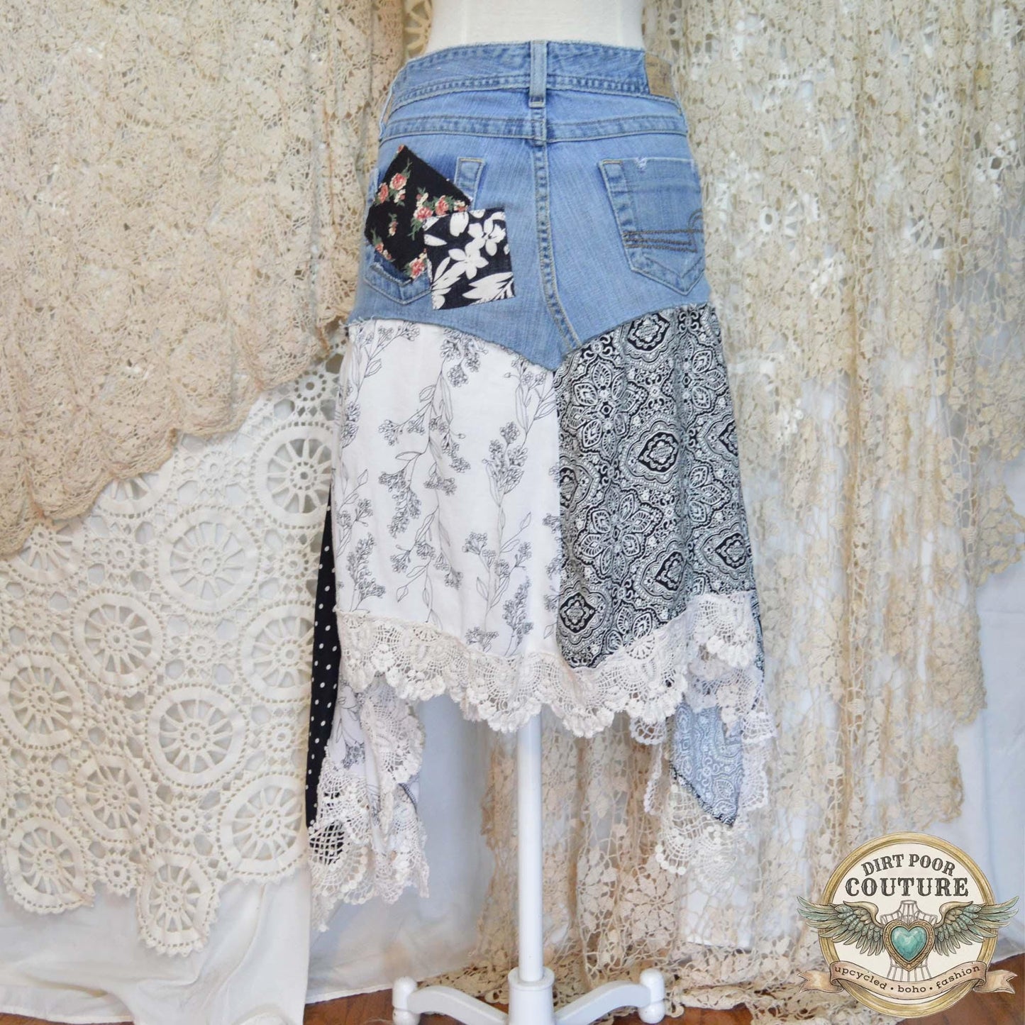 Black and White Scrappy Patchwork Skirt, Rose Applique, One-of-a-Kind, Boho, Hi Low Skirt, Made to Order Size 4 to Plus