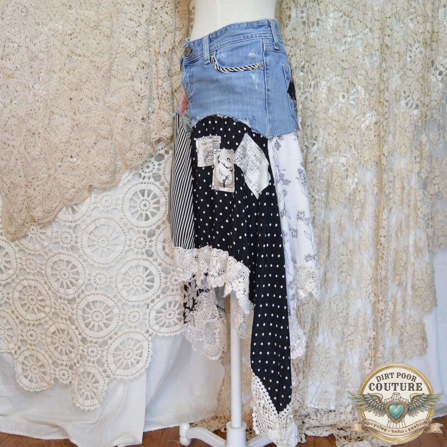 Black and White Scrappy Patchwork Skirt, Rose Applique, One-of-a-Kind, Boho, Hi Low Skirt, Made to Order Size 4 to Plus