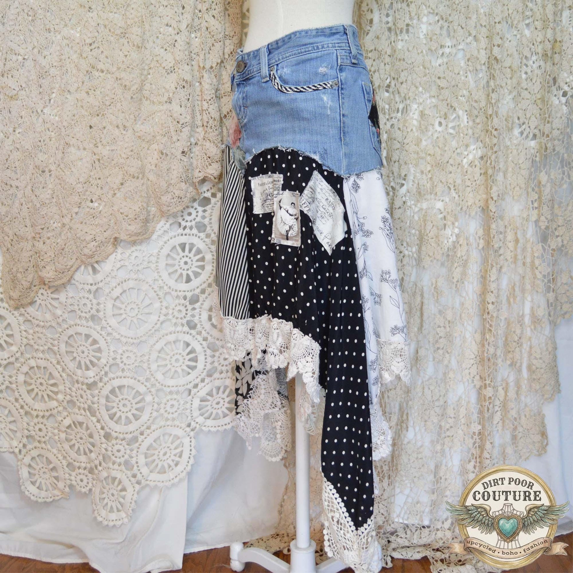 Black and White Scrappy Patchwork Skirt, Rose Applique, One-of-a-Kind, Boho, Hi Low Skirt, Made to Order Size 4 to Plus