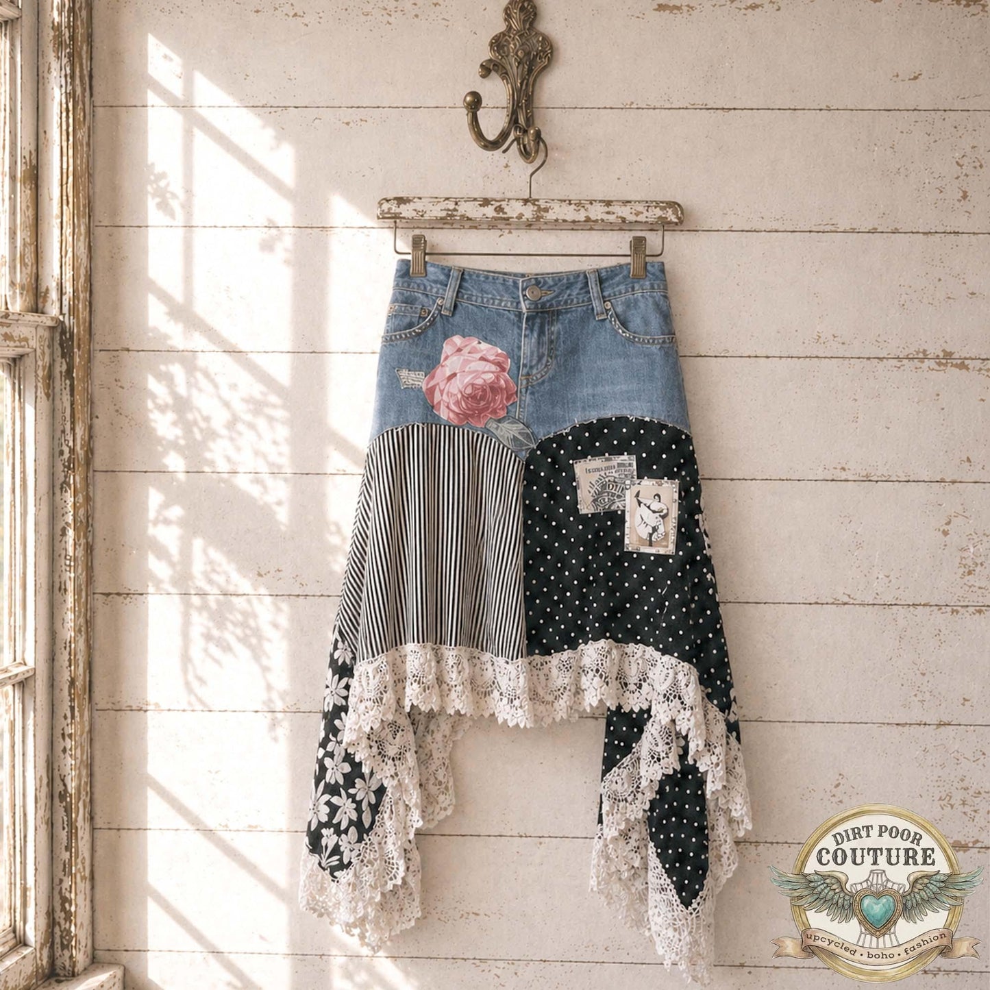 Black and White Scrappy Patchwork Skirt, Rose Applique, One-of-a-Kind, Boho, Hi Low Skirt, Made to Order Size 4 to Plus