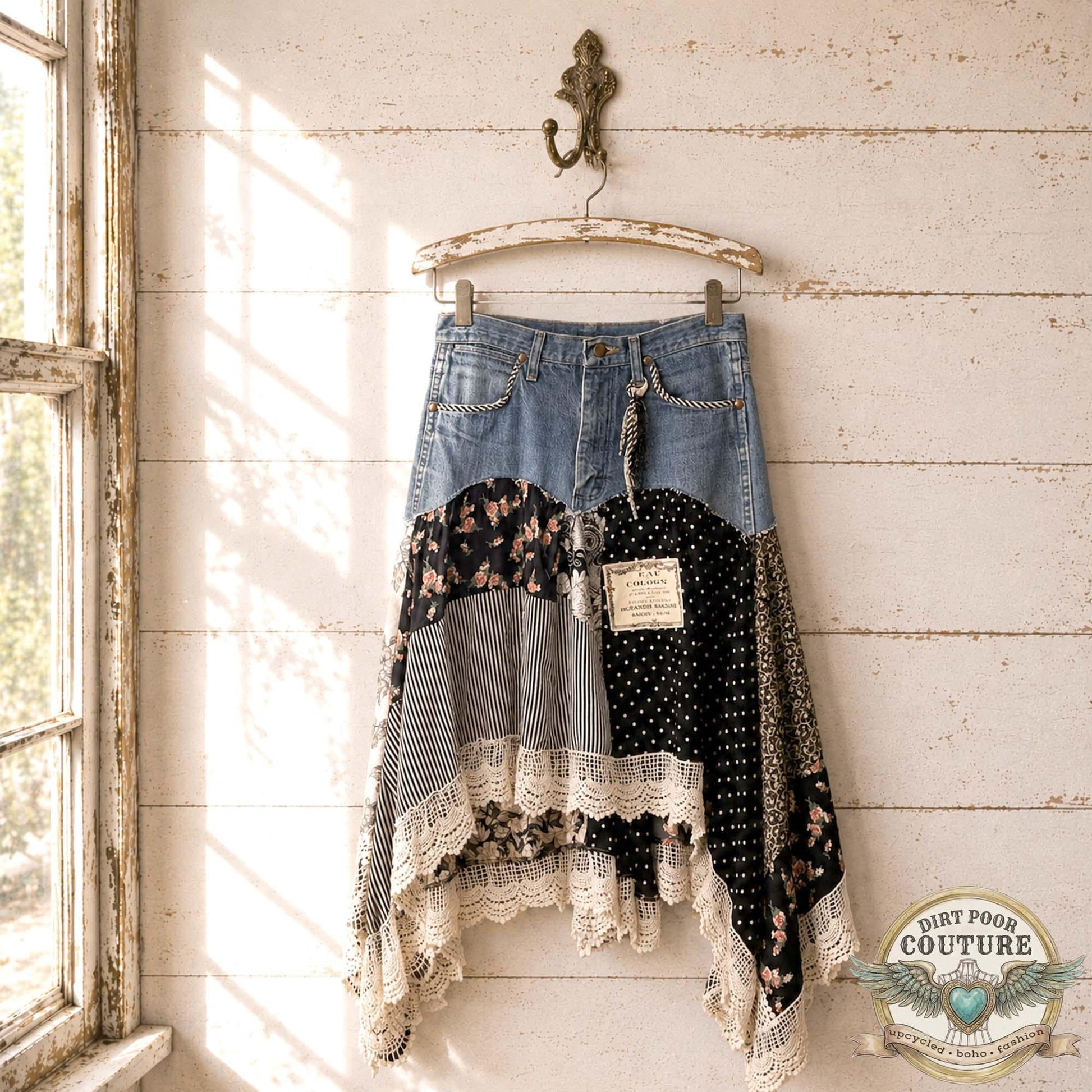 Black and Floral Scrappy Patchwork Skirt, One-of-a-Kind, Boho, Hi Low Skirt, Made to Order, Size 0 to Plus