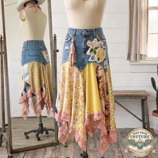 Custom Scrappy Patchwork Skirt | One-of-a-Kind Boho Hi Low Maxi Skirt | Made to Order