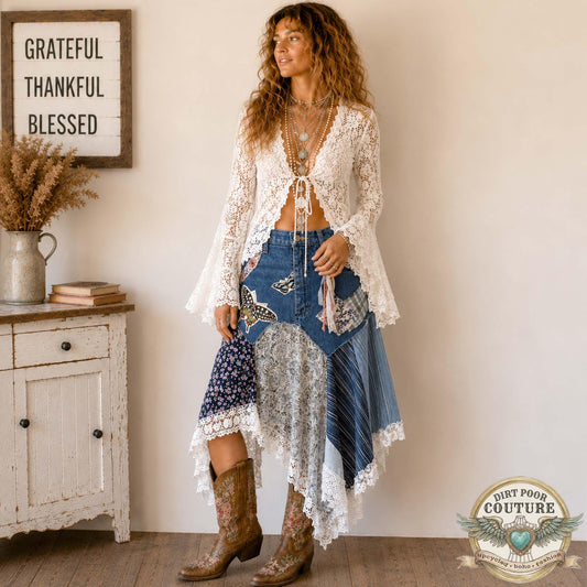 Denim Butterfly Scrappy Skirt, Size 9, Upcycled, Custom Patchwork, Handkerchief Boho Skirt, Jeans, Vintage, Lace