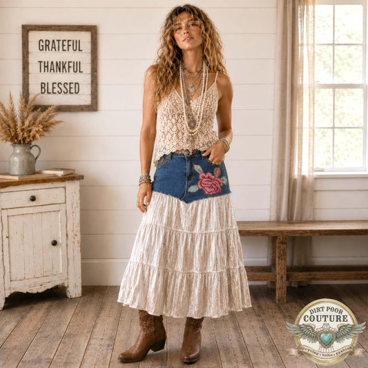 Denim Velvet Embroidered Skirt, Studded Boho Upcycled Skirt with Sequin, Peony Embroidery, Size 10, Reba Jean Crushed Velvet tiered Skirt