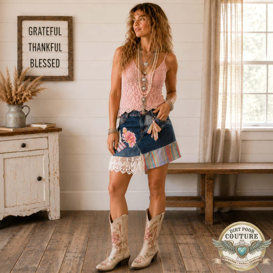 Upcycled Denim Mini Skirt, Boho Patchwork, Plaid Floral Appliques, Vintage Lace, Size 7, Scrappy Custom Jean Skirt