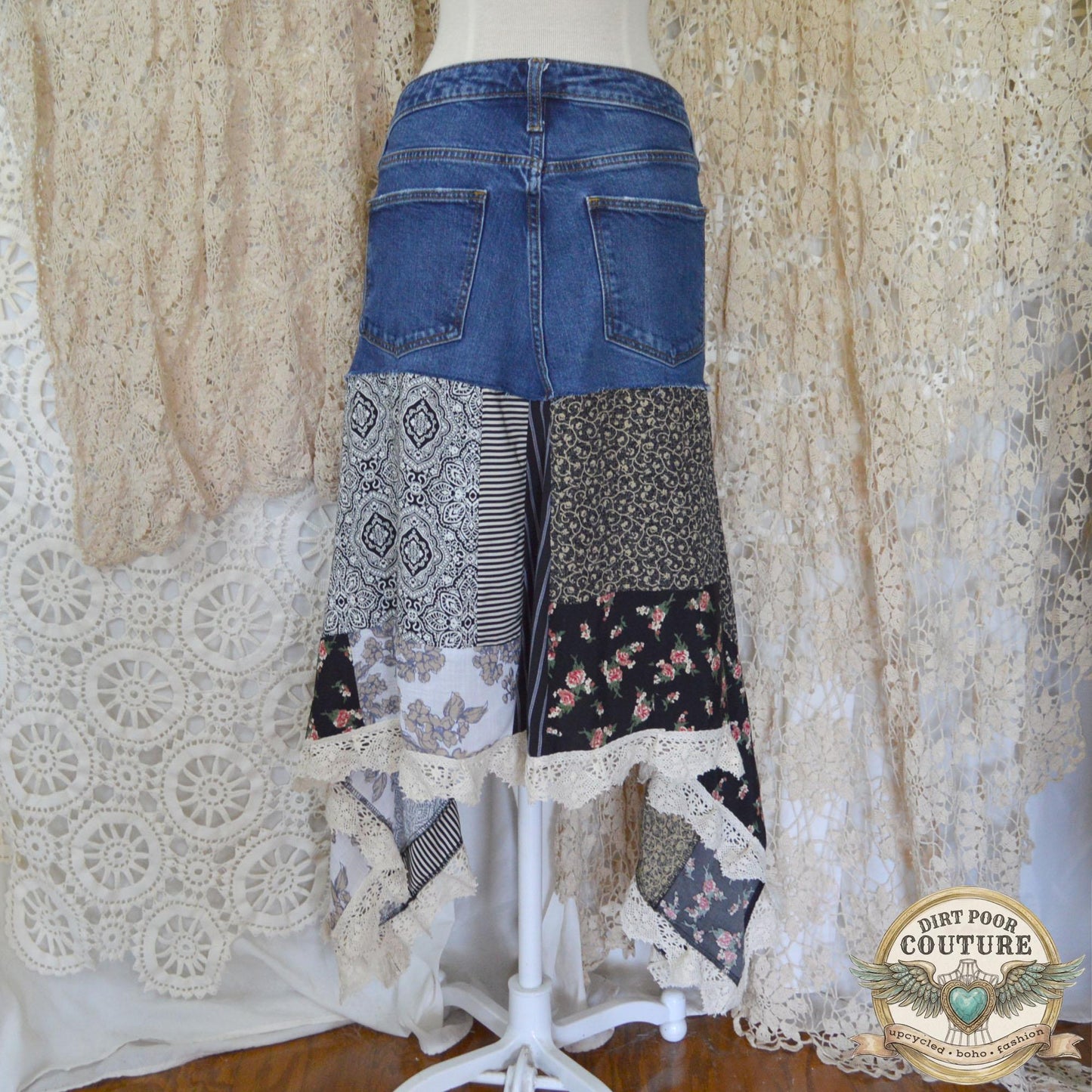 Black and Floral Scrappy Patchwork Skirt, One-of-a-Kind, Boho, Hi Low Skirt, Made to Order, Size 0 to Plus