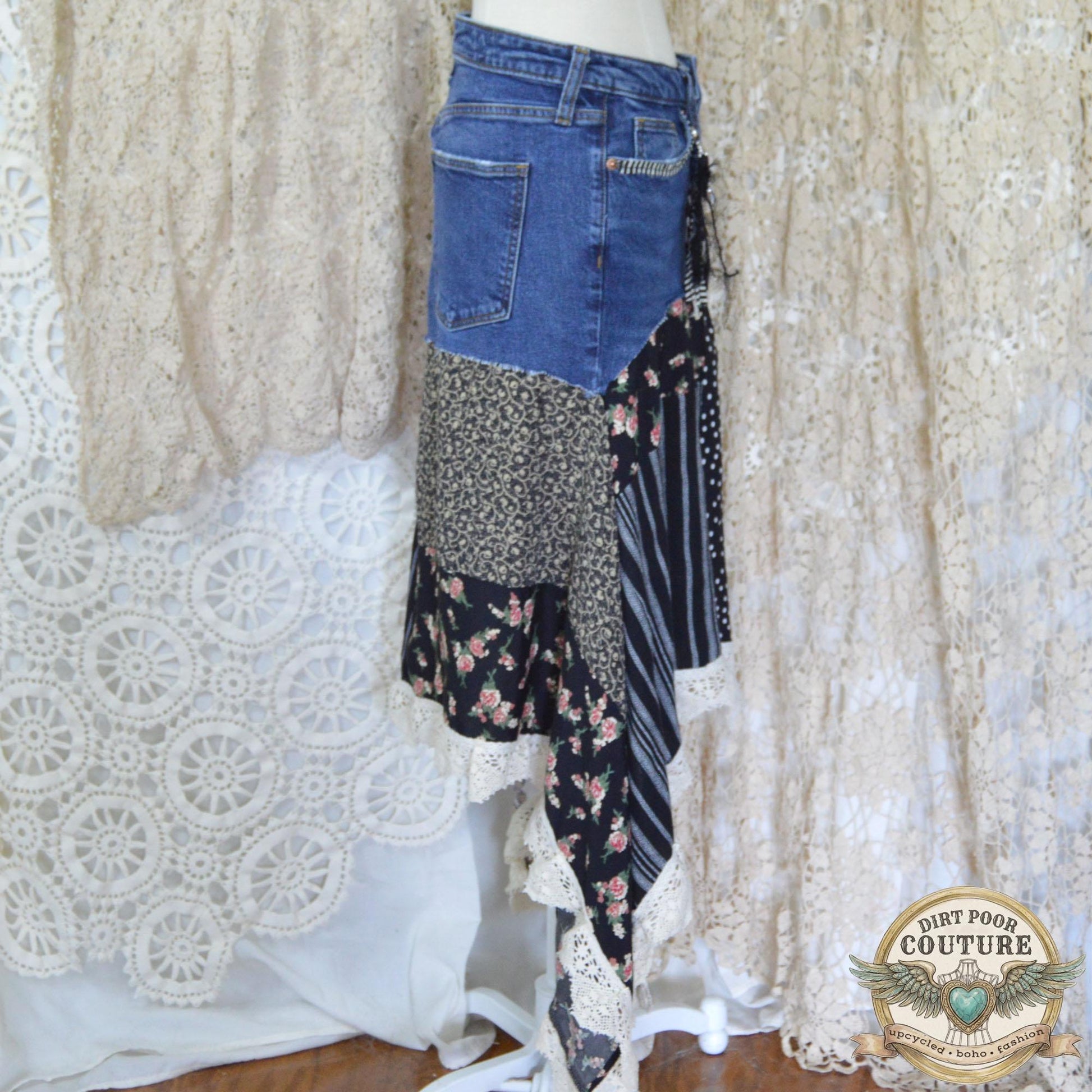 Black and Floral Scrappy Patchwork Skirt, One-of-a-Kind, Boho, Hi Low Skirt, Made to Order, Size 0 to Plus