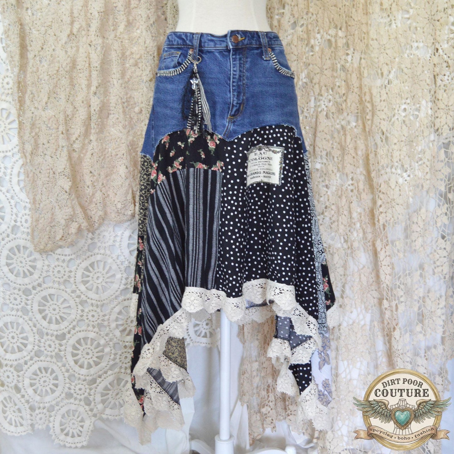 Black and Floral Scrappy Patchwork Skirt, One-of-a-Kind, Boho, Hi Low Skirt, Made to Order, Size 0 to Plus