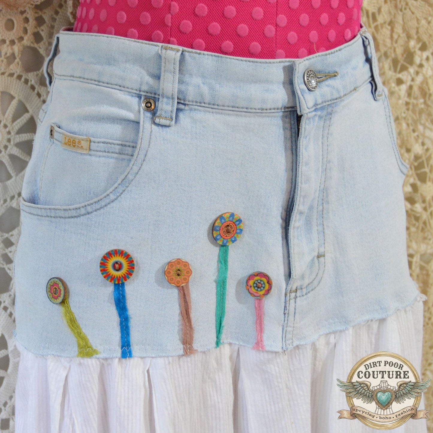 Upcycled Denim Bubble Skirt. OOAK Embroidered Butterfly & Floral Cotton Skirt, Boho Cottagecore Maxi, Size 14, Handmade Wearable Art